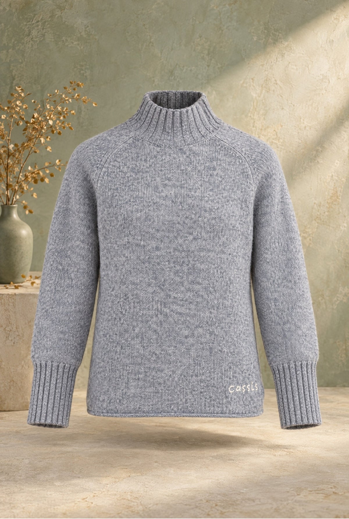 Damen Strickpullover Blaugrau Stehkragen Raglan weich Herbst Winter Look