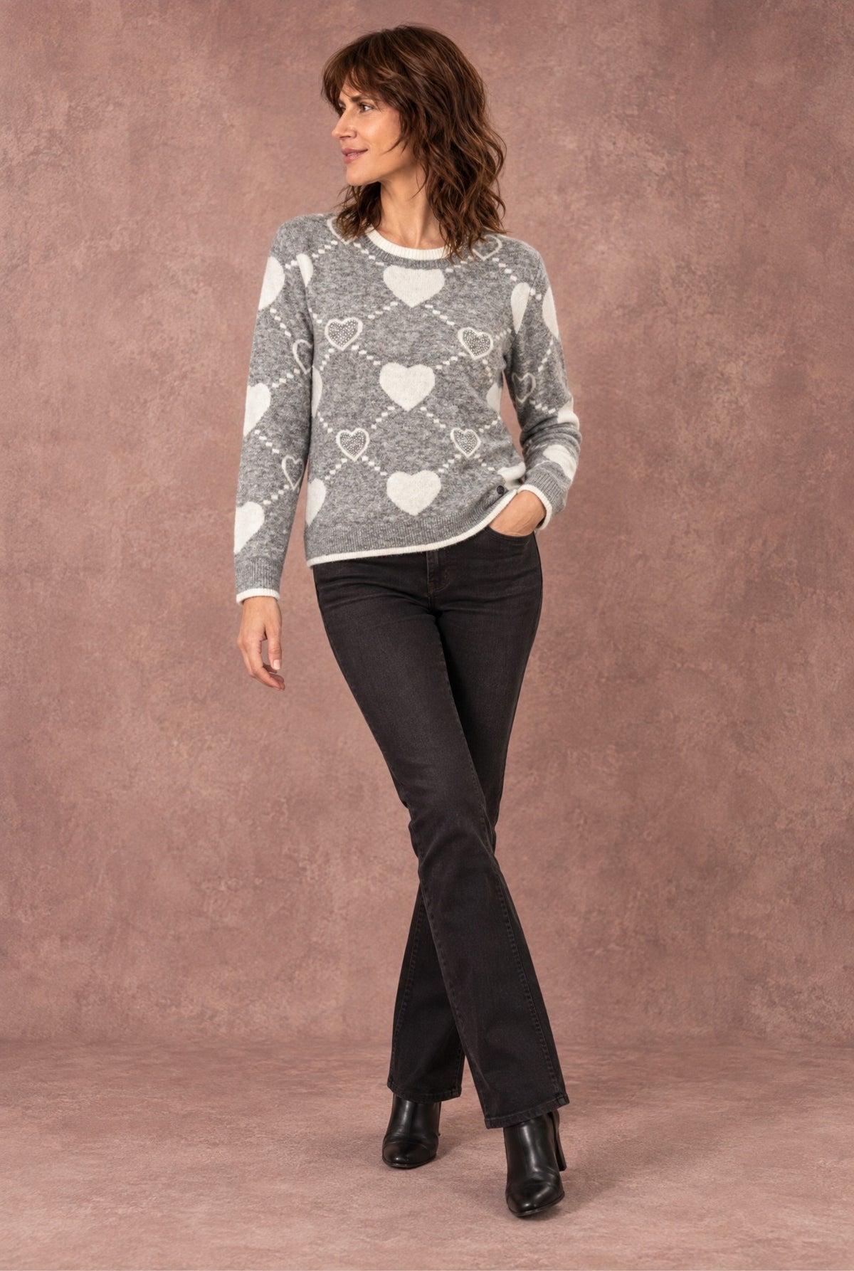 Damen Pullover Grau Weiß Herzmuster Rundhals Strass Herbst Winter Strick