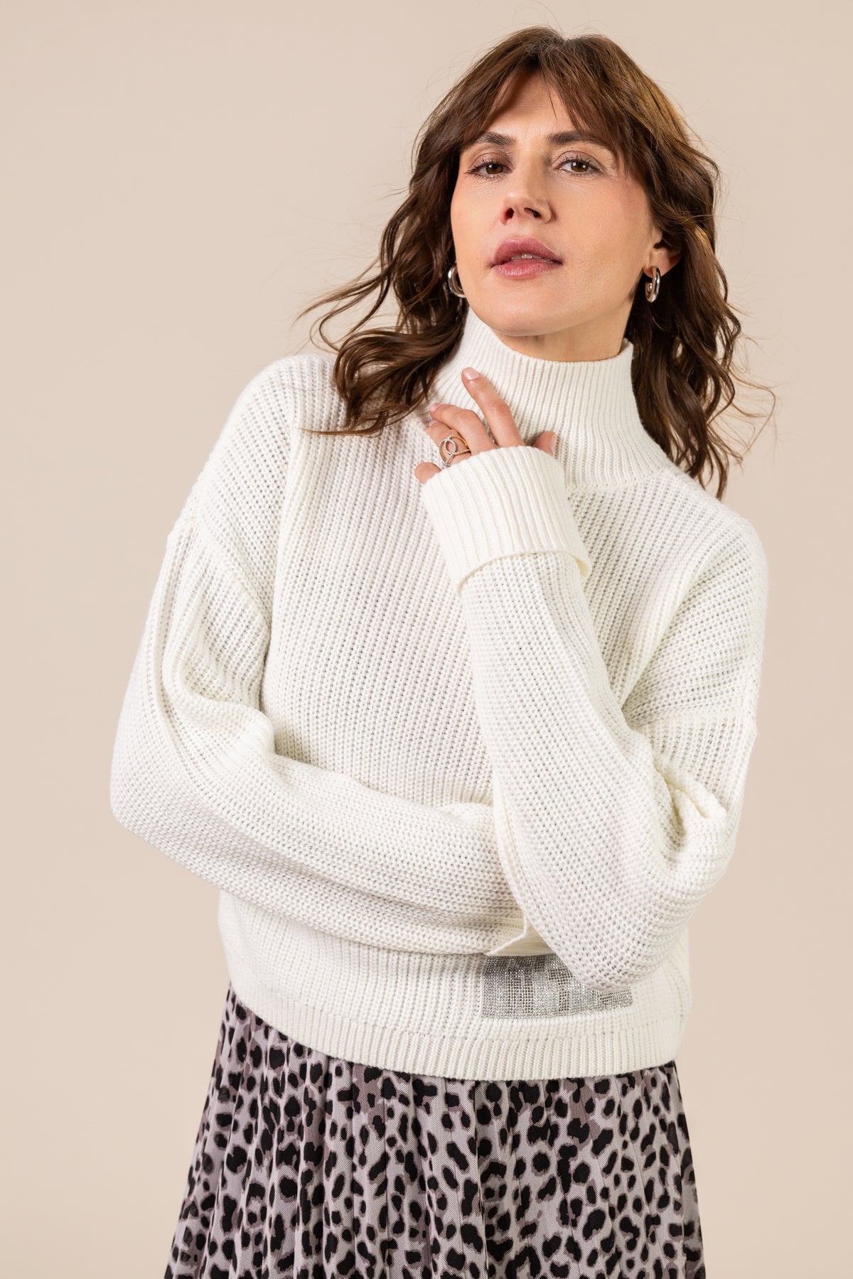 Damen Grobstrick Rollkragenpullover mit Merinowolle & Glanzdetail