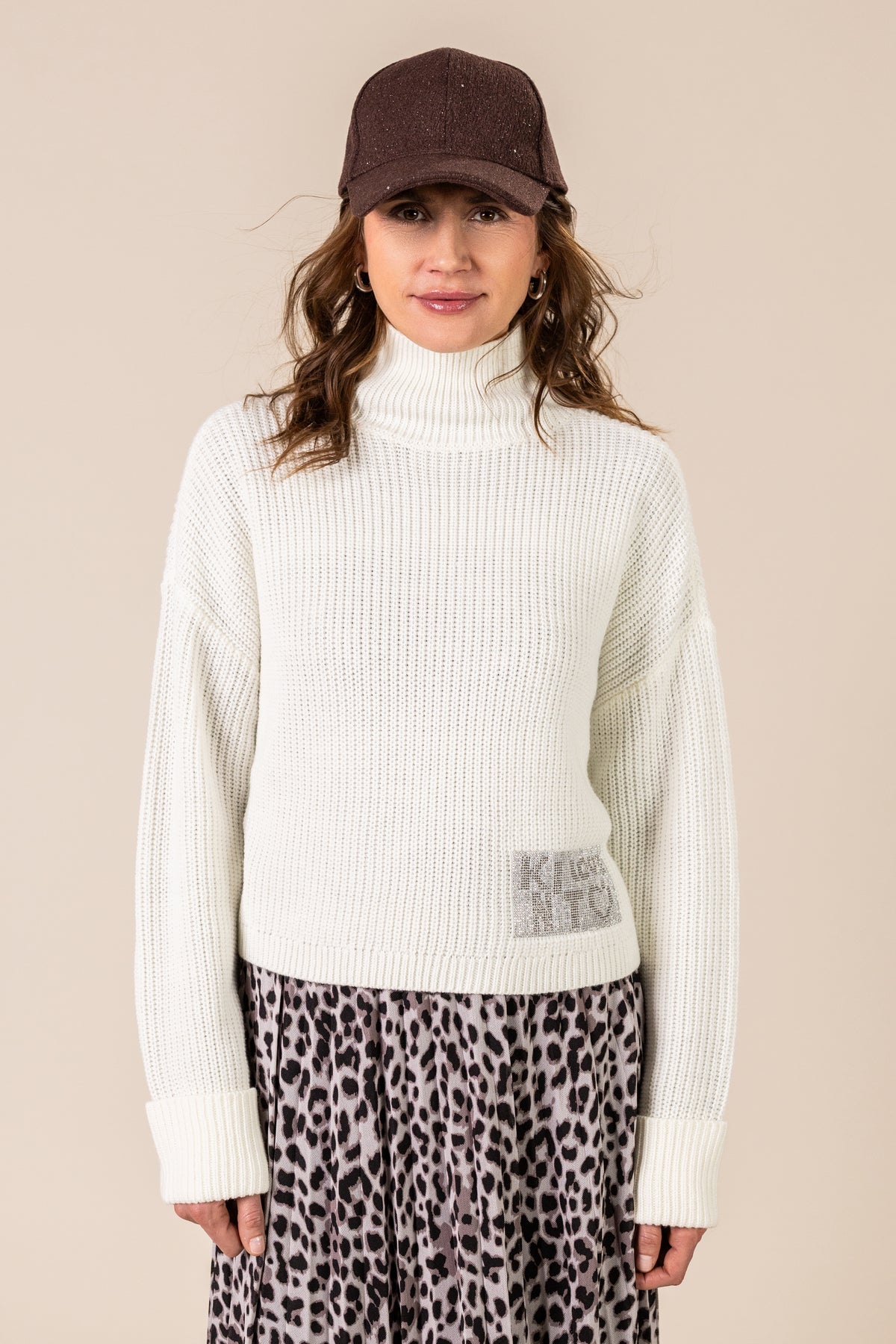 Women's Chunky-Knit Turtleneck Sweater with Merino Wool and Shimmer Detail