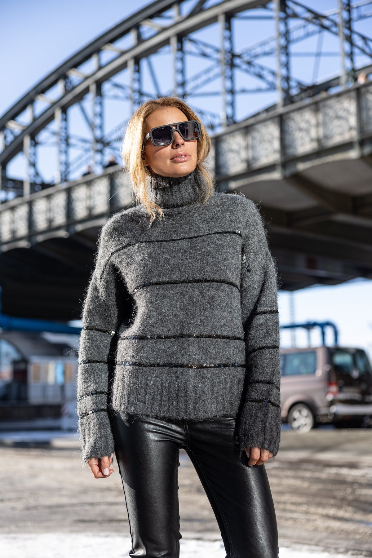 Damen Rollkragenpullover Grau Alpaka Pailletten Oversize Herbst Winter Strick