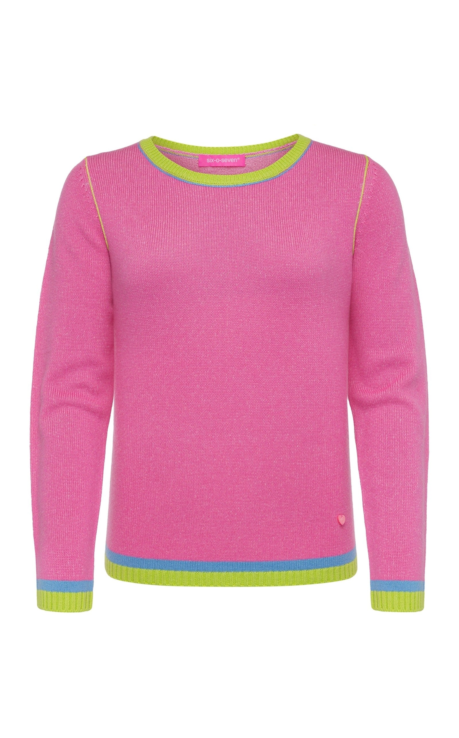 Damen Tailliert Feinstrickpullover mit Kontraststreifen helles Pink six-o-seven