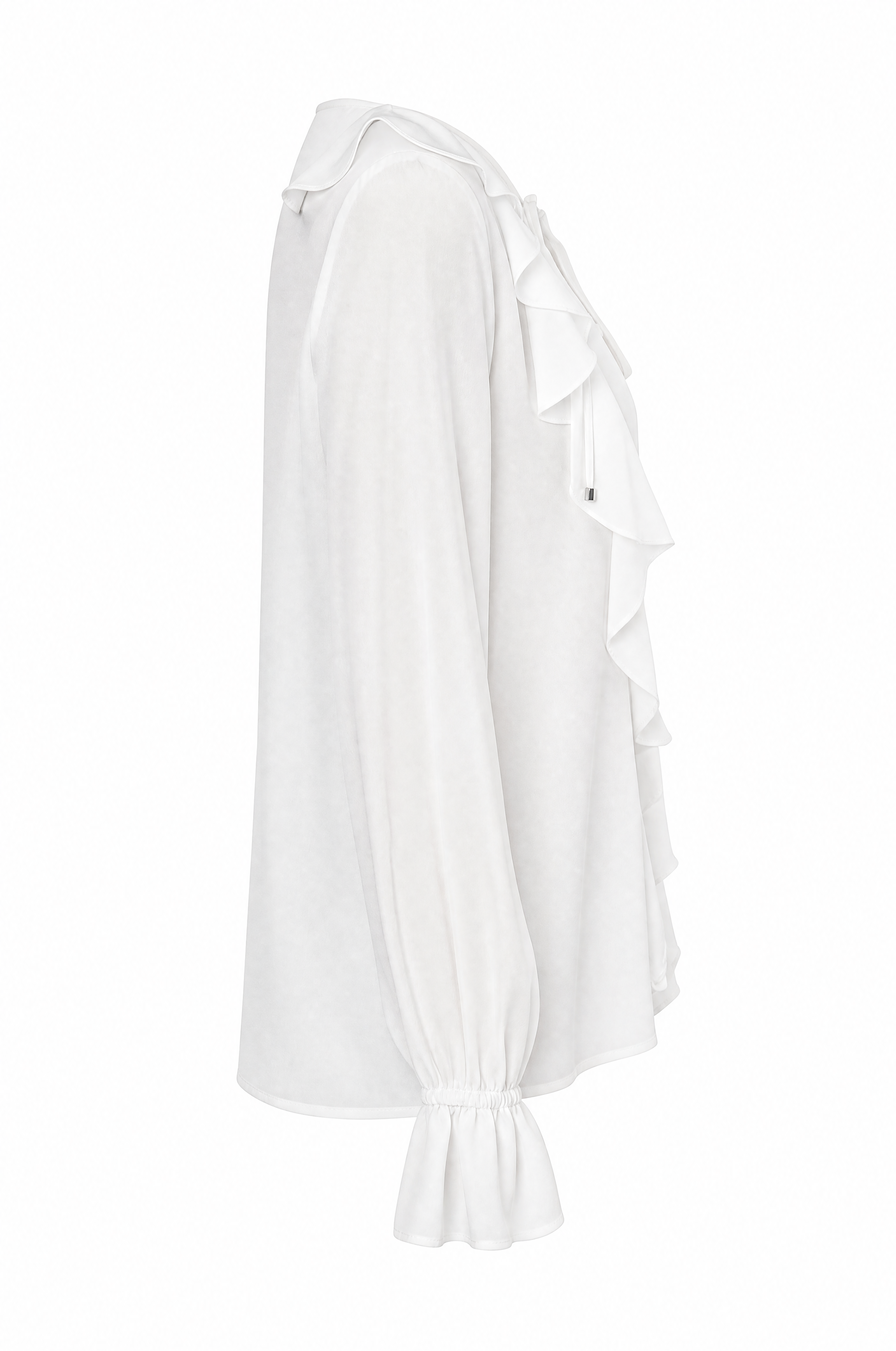 Spring silk blouse with a modern cut, ruffles and tie band