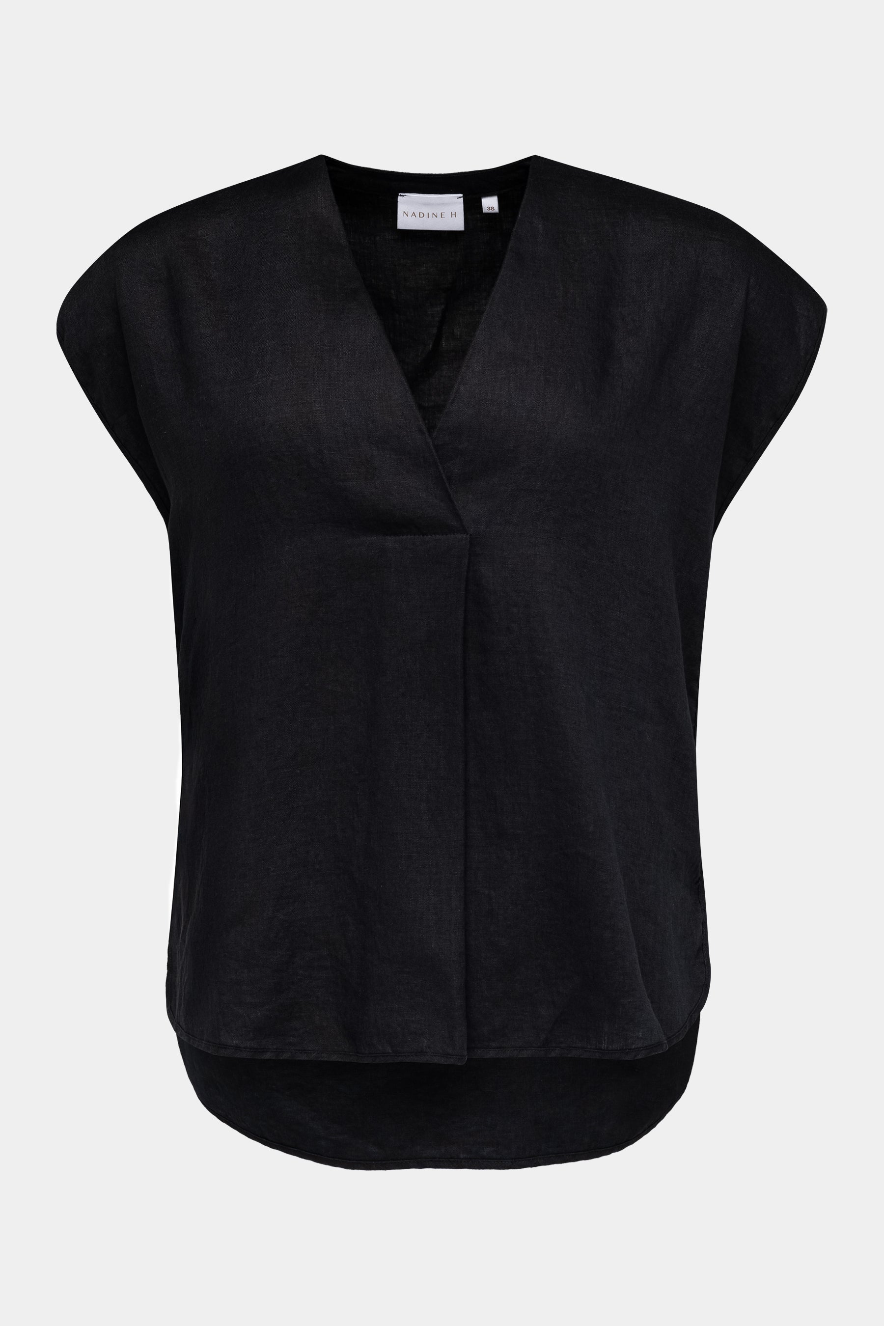 Nadine H ärmellose Leinenbluse mit V-Ausschnitt in Black Nadine H