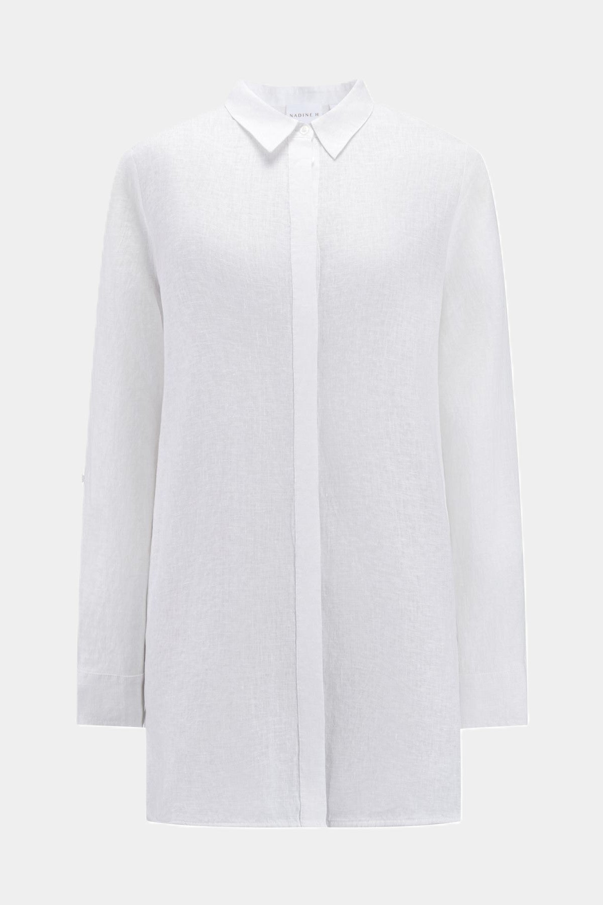 Nadine H elegant linen long blouse with concealed button placket in WHITE
