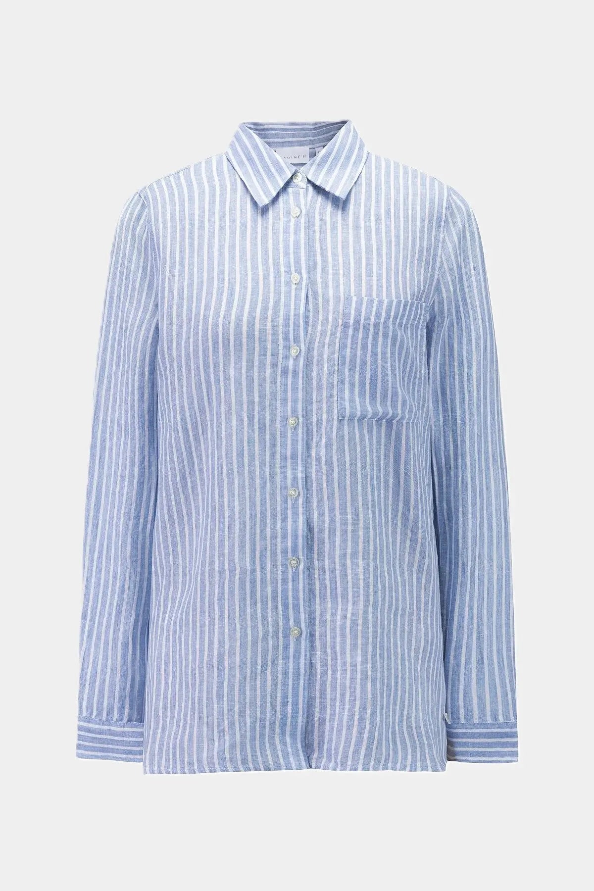 Nadine H gestreifte Leinenbluse mit Kragen und verdeckter Knopfleiste in JEANS BLUE Nadine H