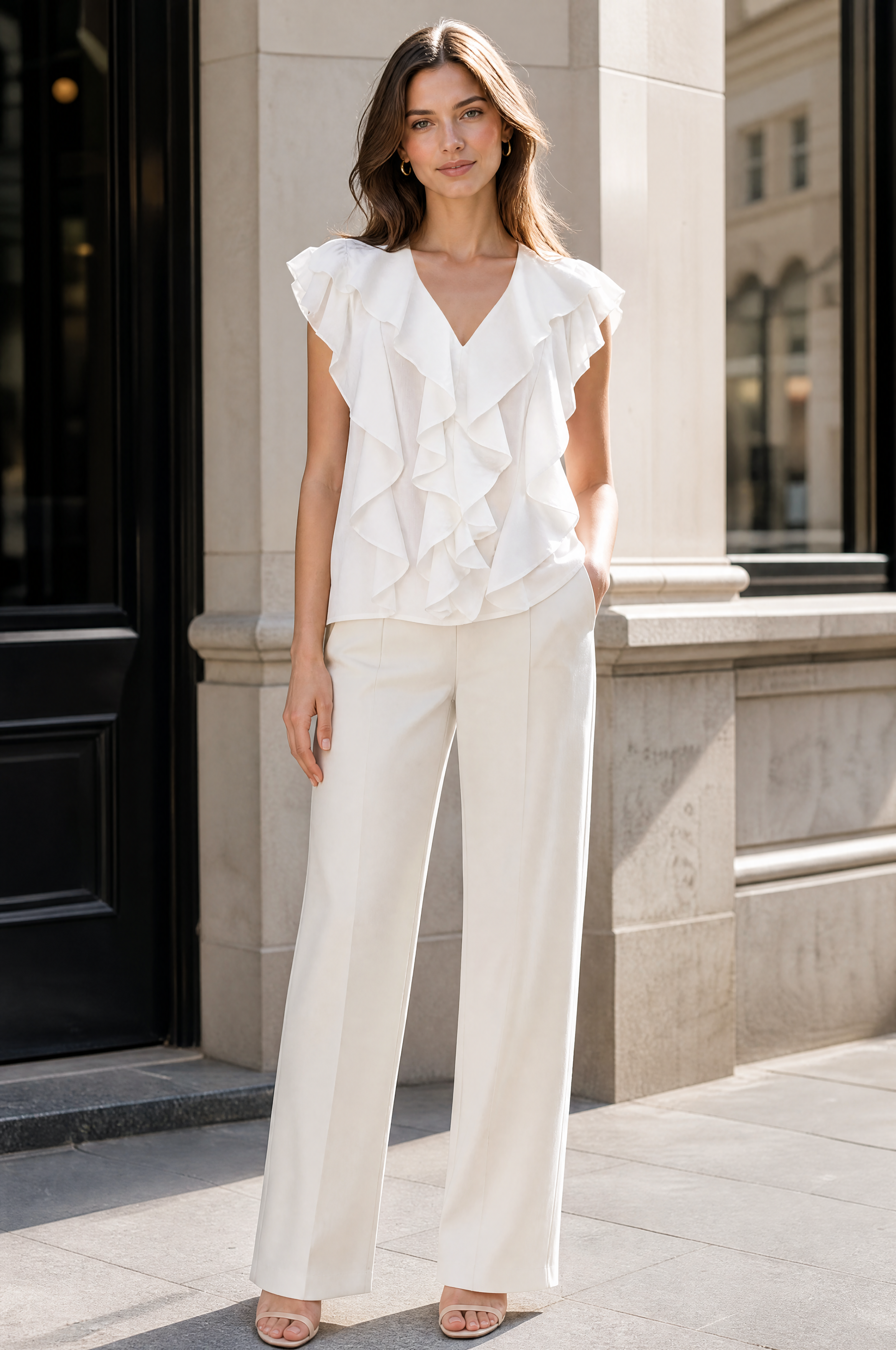 Nadine H elegancka bawełniana bluzka z uroczymi rękawami z falbanami w kolorze WHITE