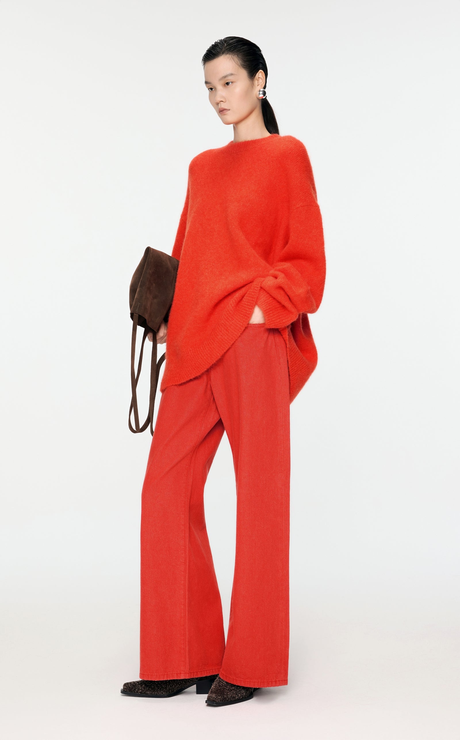 Damen Oversize Strickpullover in haariger Optik Orange/Rot JNBY