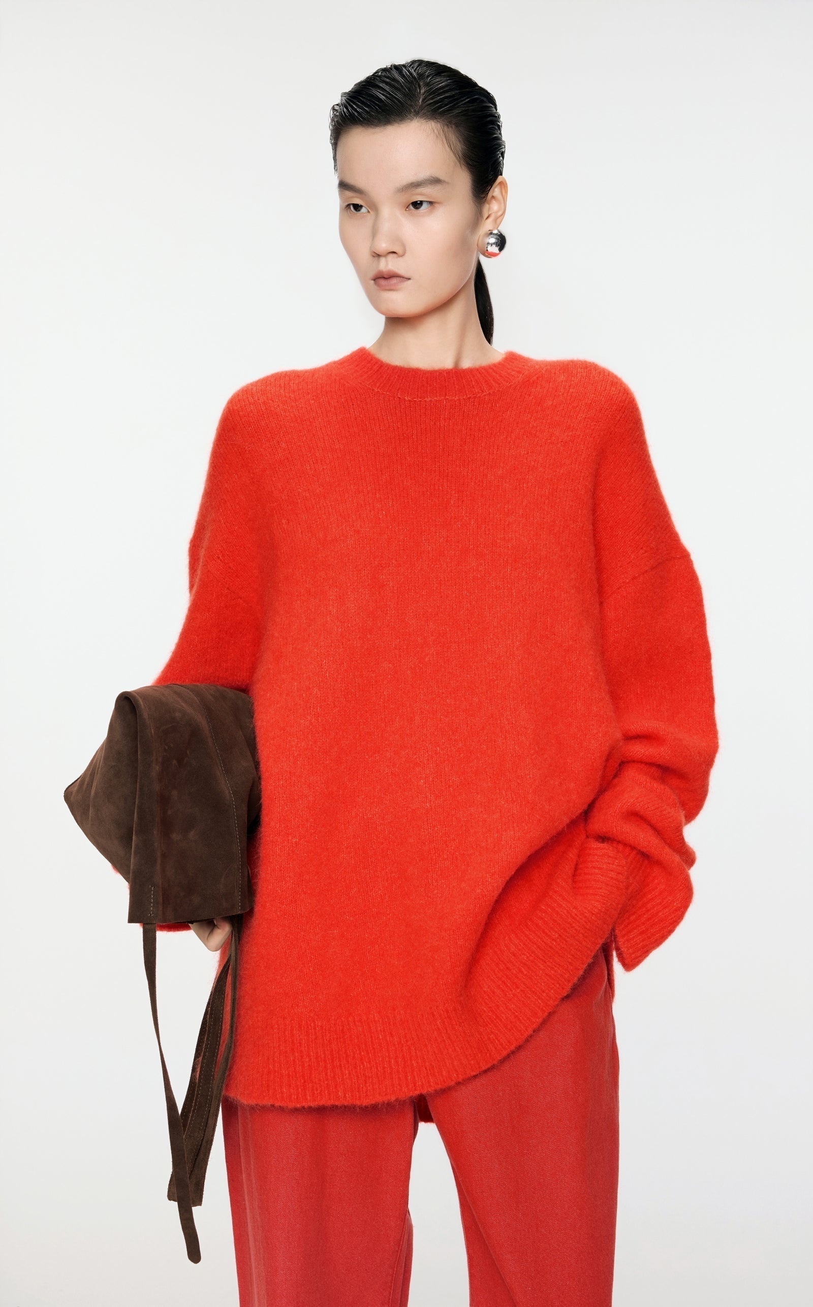 Damen Oversize Strickpullover in haariger Optik Orange/Rot JNBY