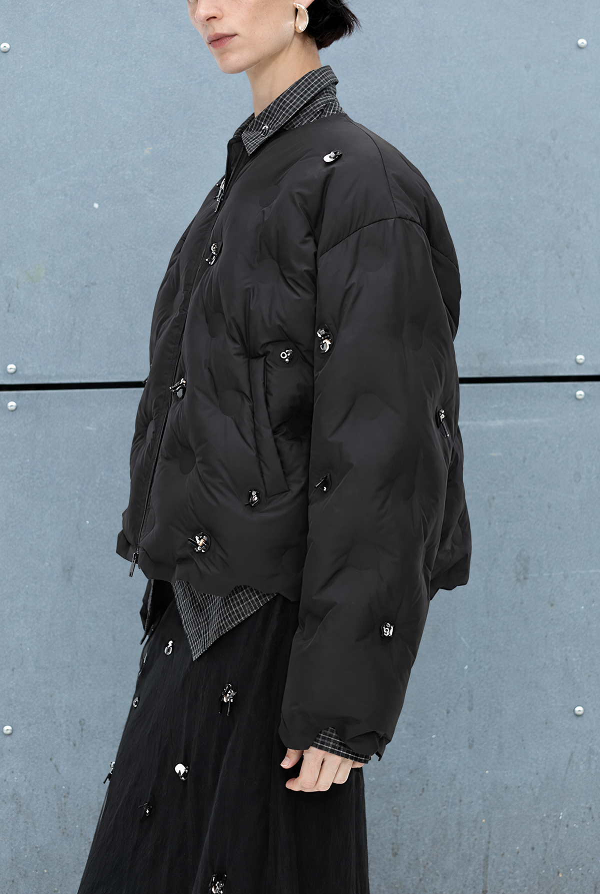 Damen Daunenjacke Schwarz Kurz Steppjacke Schmuckdetails Herbst Winter