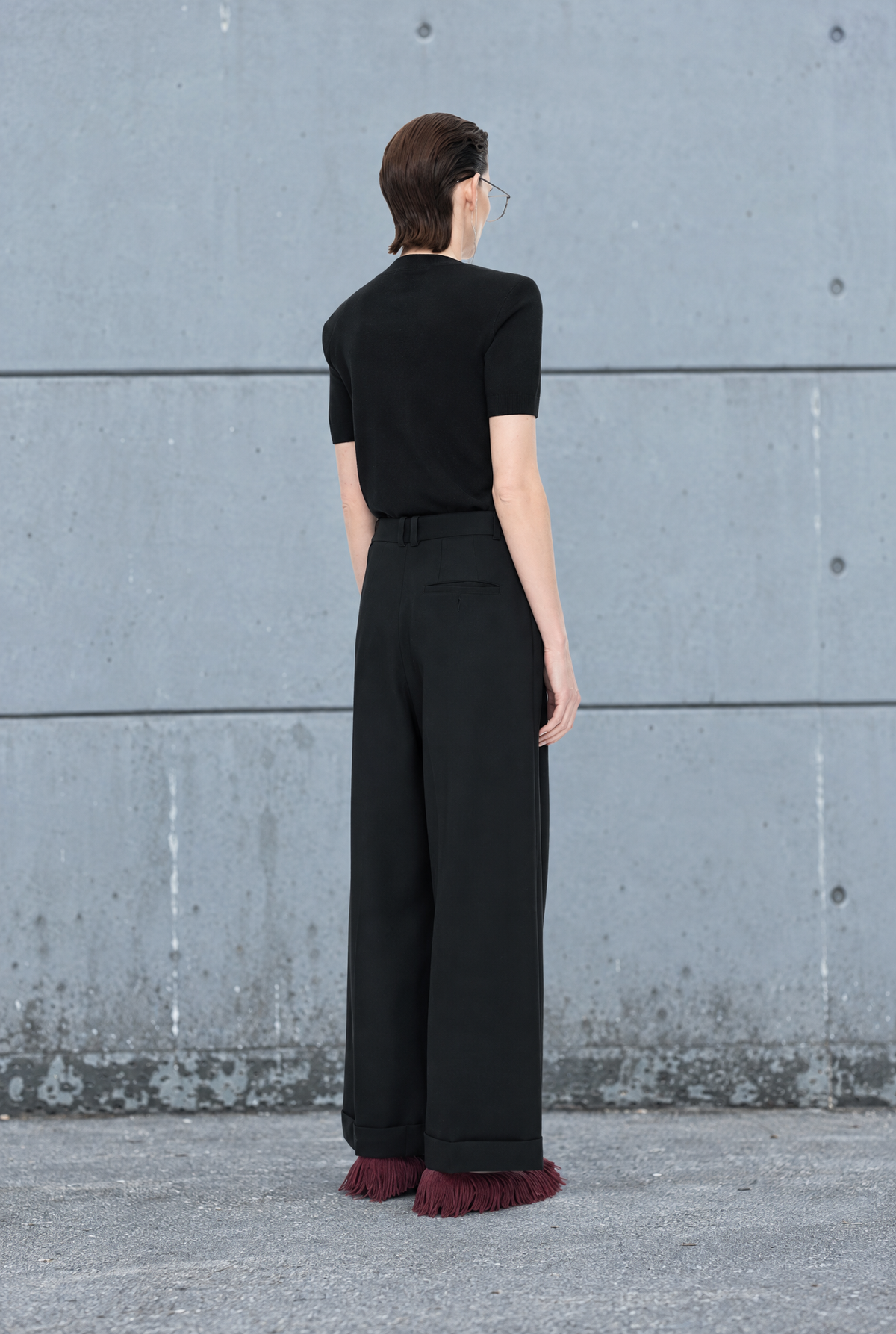 Damen Wollhose Schwarz Wide Leg Bundfalten Umschlag 100% Wolle Herbst Winter