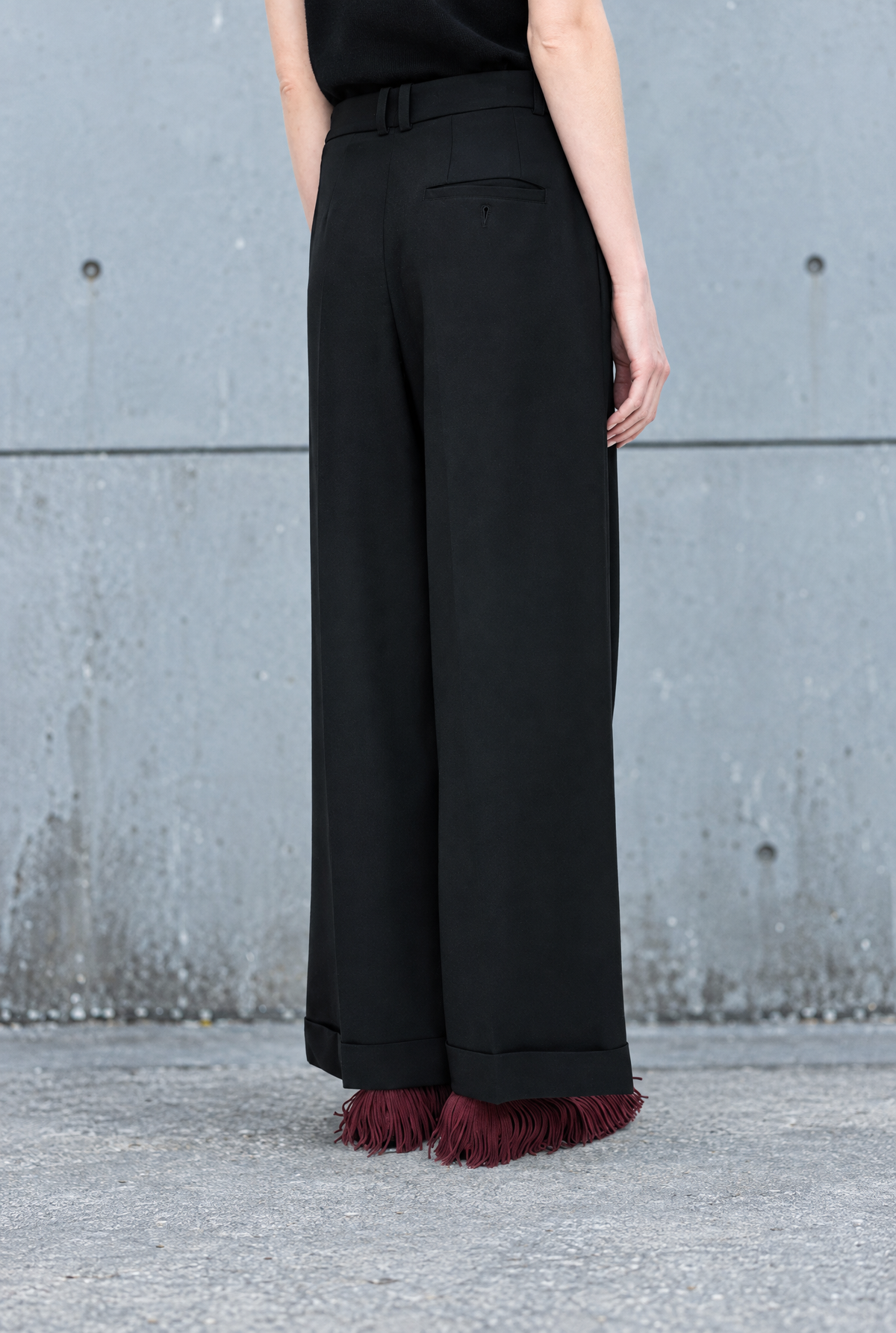 Damen Wollhose Schwarz Wide Leg Bundfalten Umschlag 100% Wolle Herbst Winter