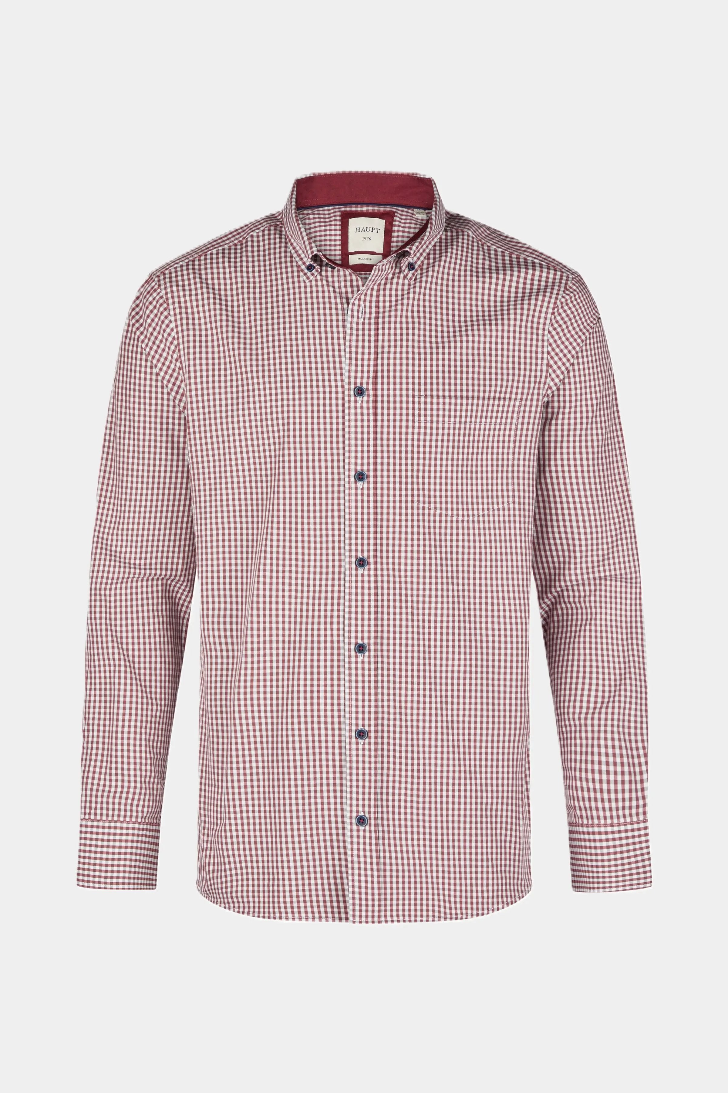 Haupt Popelin Modern Fit Langarm Herrenhemd mit kariertem Muster in bordeaux - Trachten Haupt