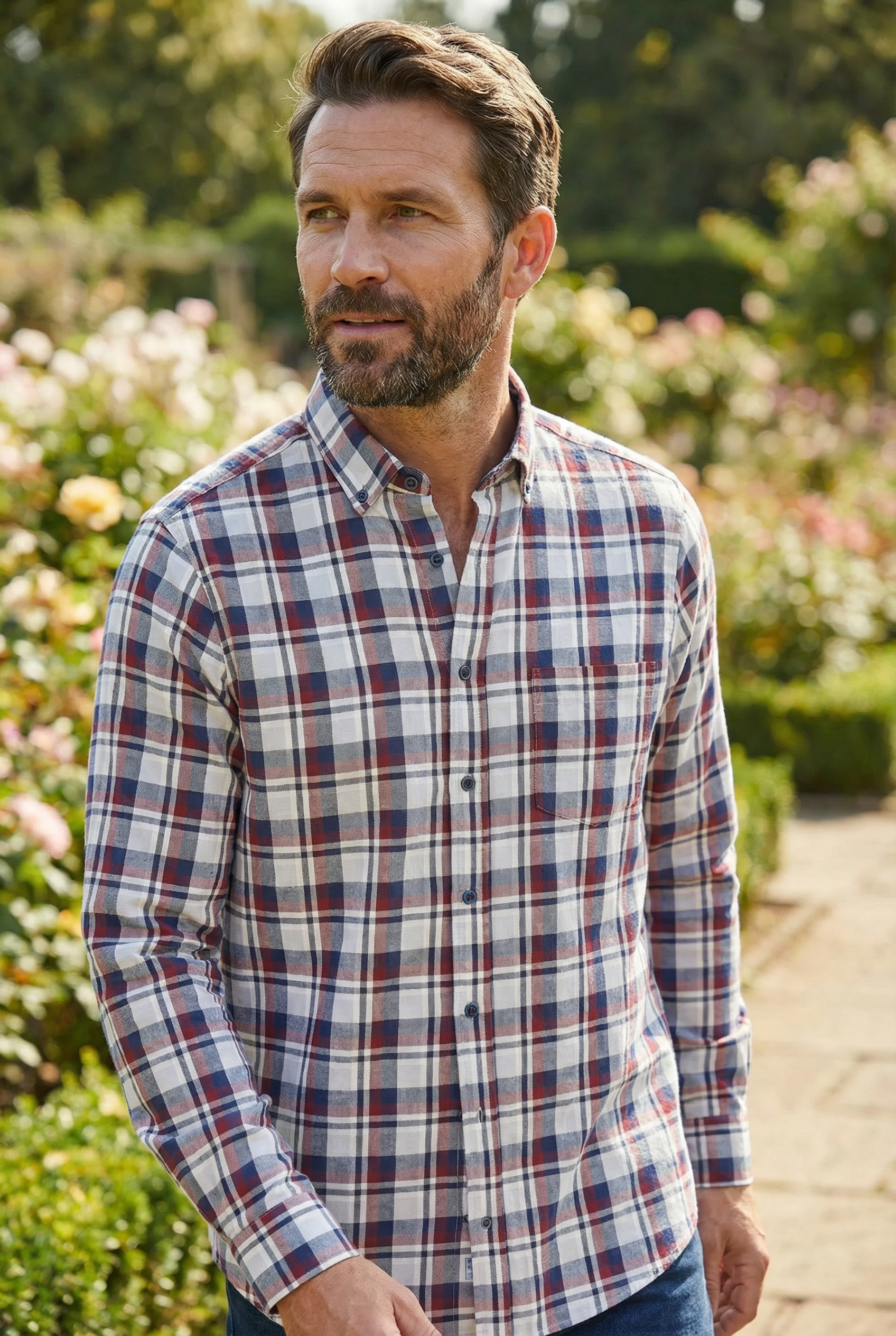 Modern Fit Langarm Baumwoll-Herrenhemd Karo Grau Rot Style Frühling