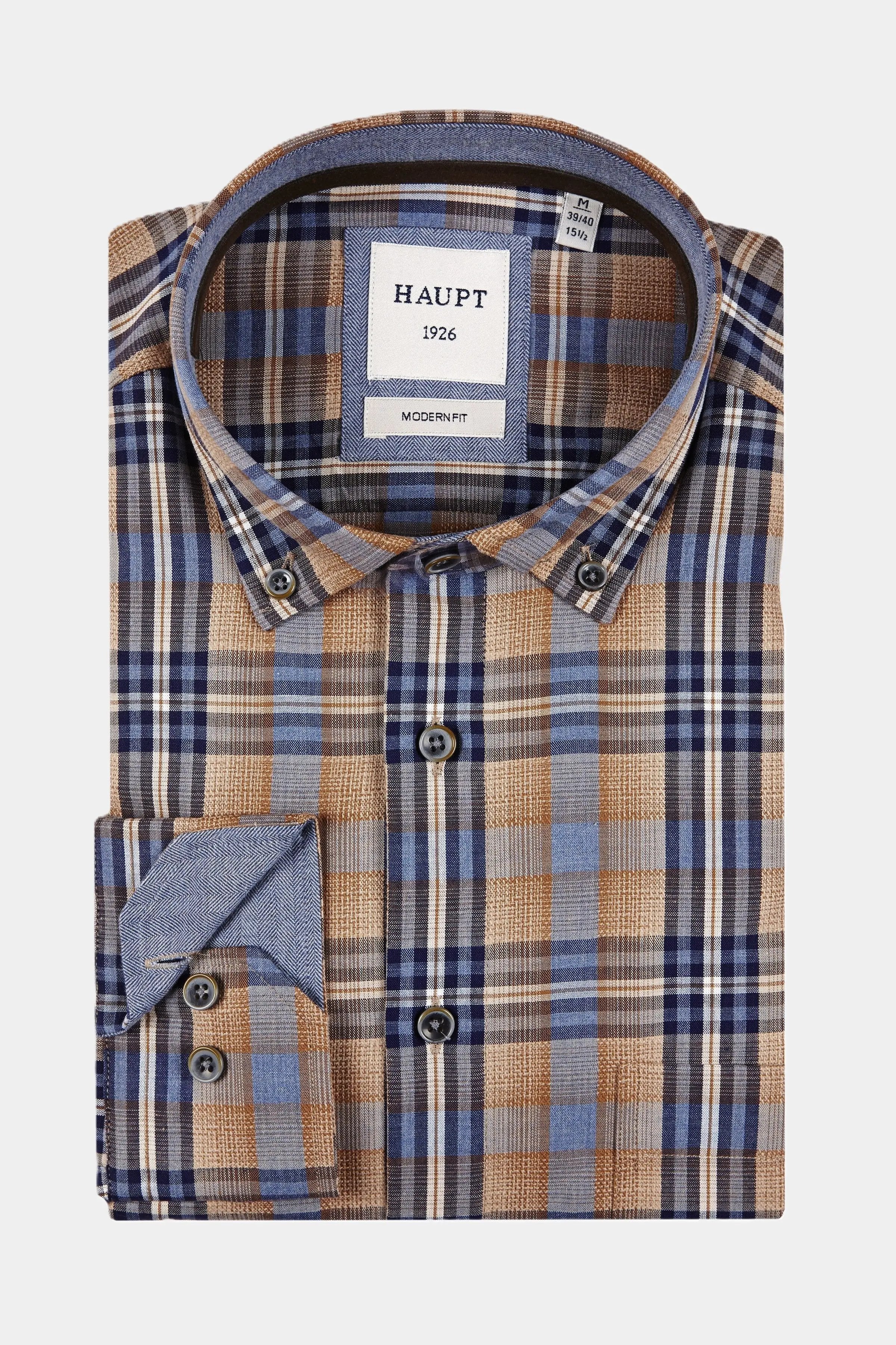 Haupt Flanell Modern Fit Langarm Herrenhemd im Karomuster camel Haupt