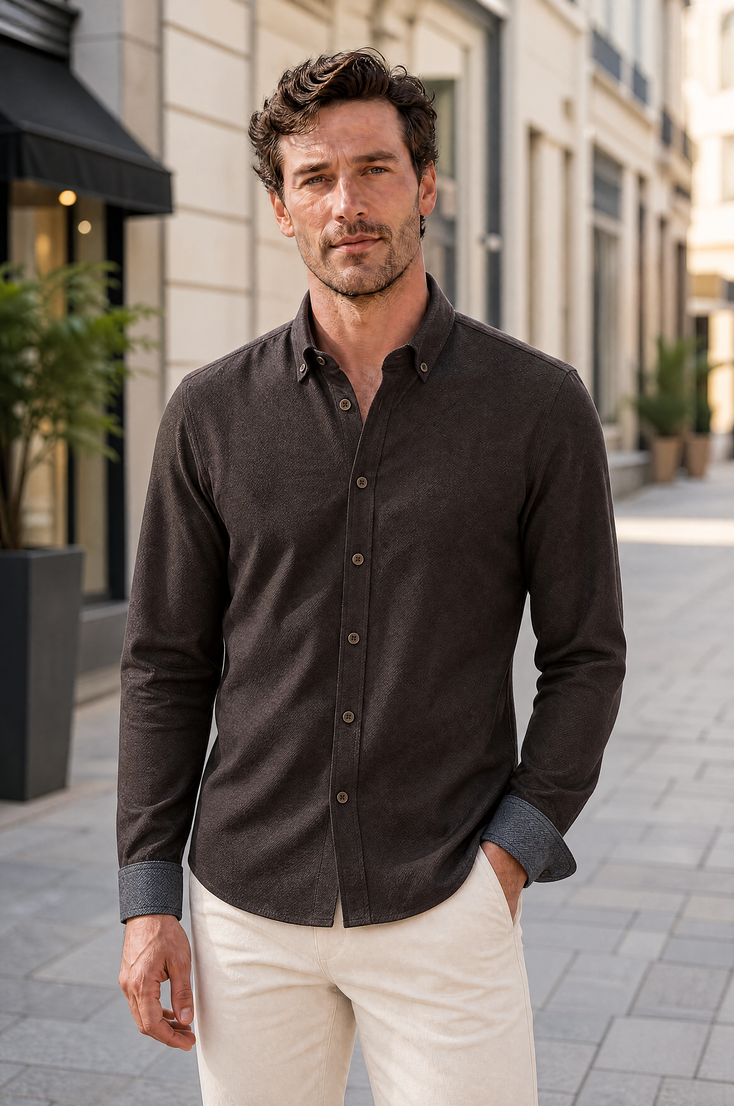 Hoofd Flanel Regular Fit Lange Mouw Herenoverhemd in Uni Bruin