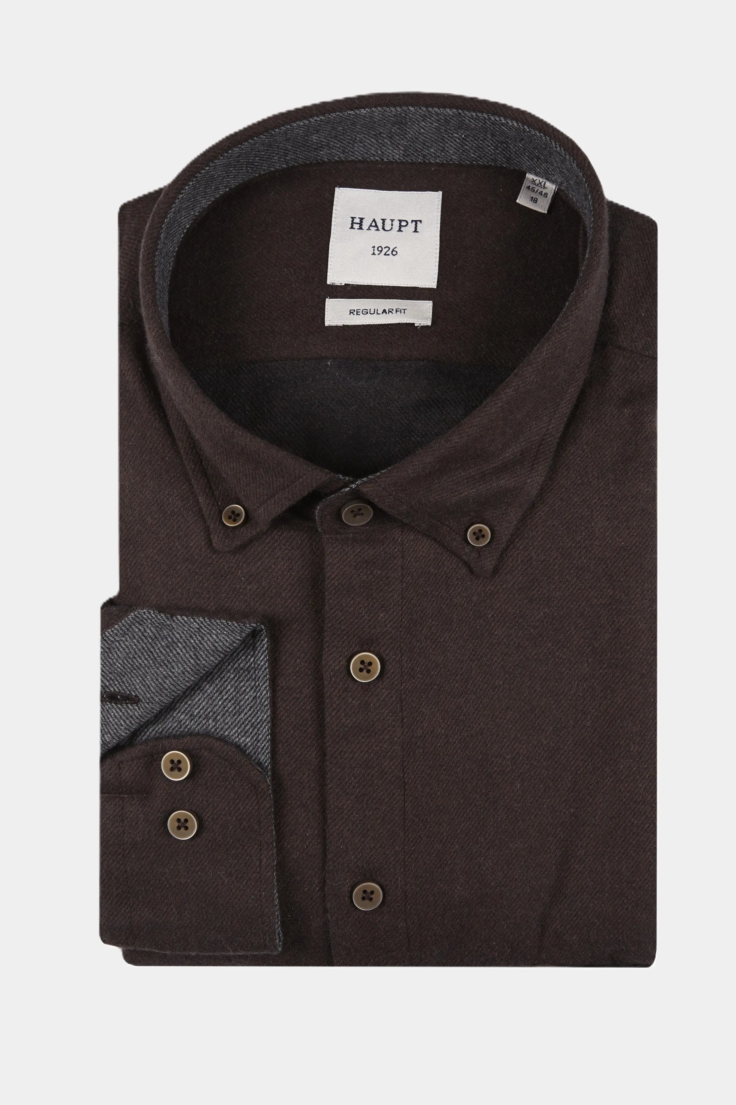 Haupt Flanell Regular Fit Langarm Herrenhemd in Uni Brown Haupt