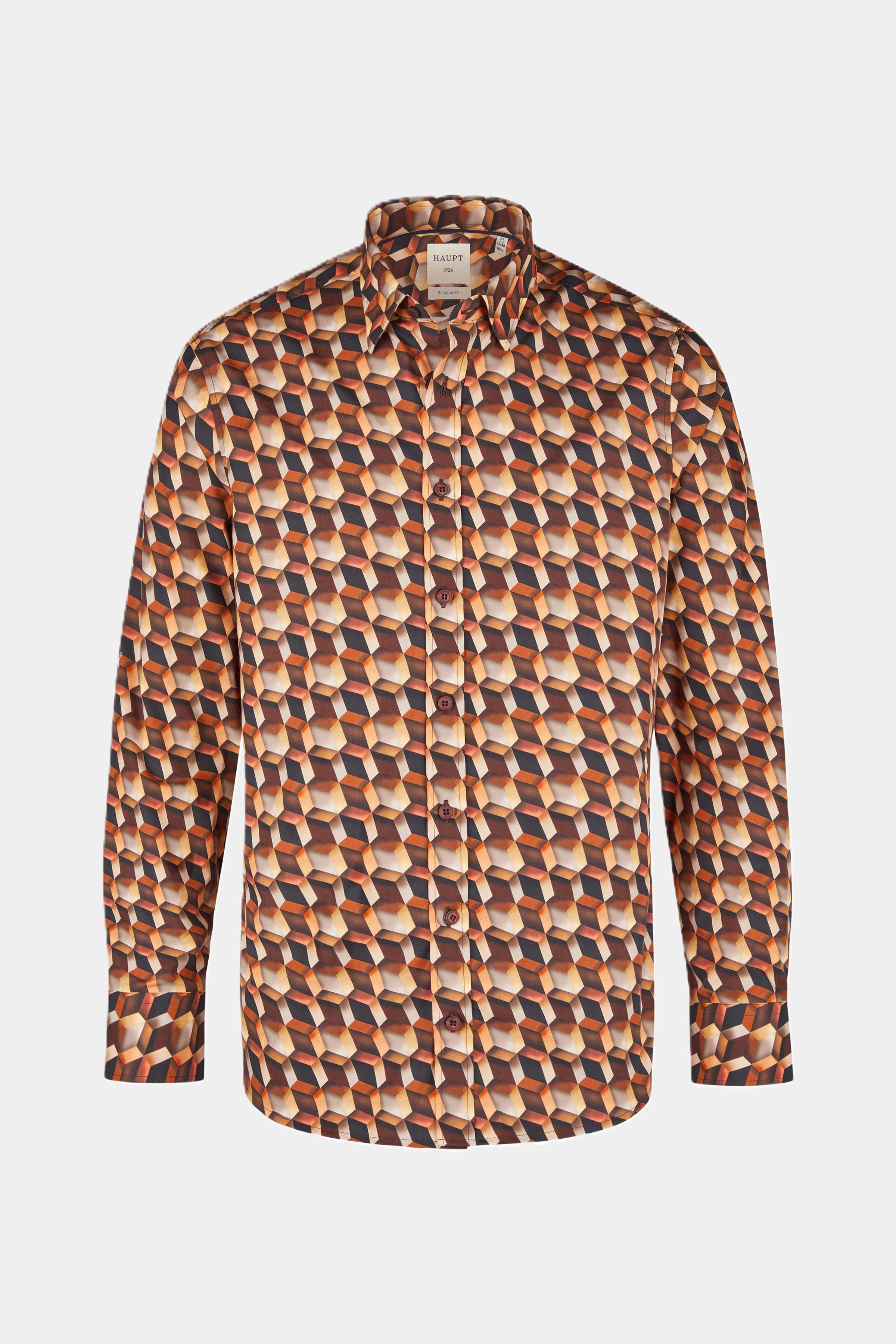 Chemise homme en coton à manches longues coupe régulière principale motif géométrique MARRON