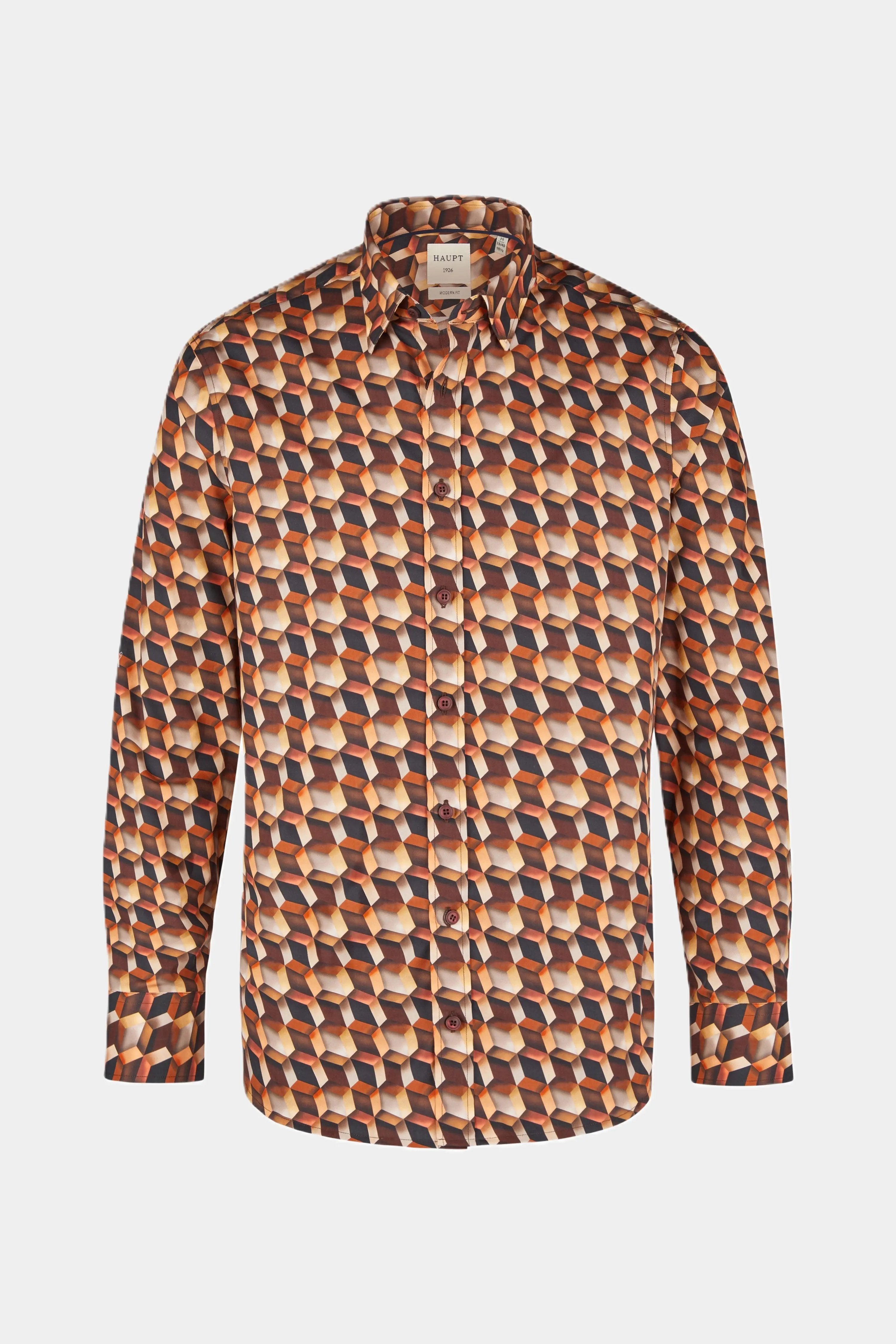 Haupt Modern Fit geometrisches Muster Langarm Baumwoll-Herrenhemd BROWN Haupt