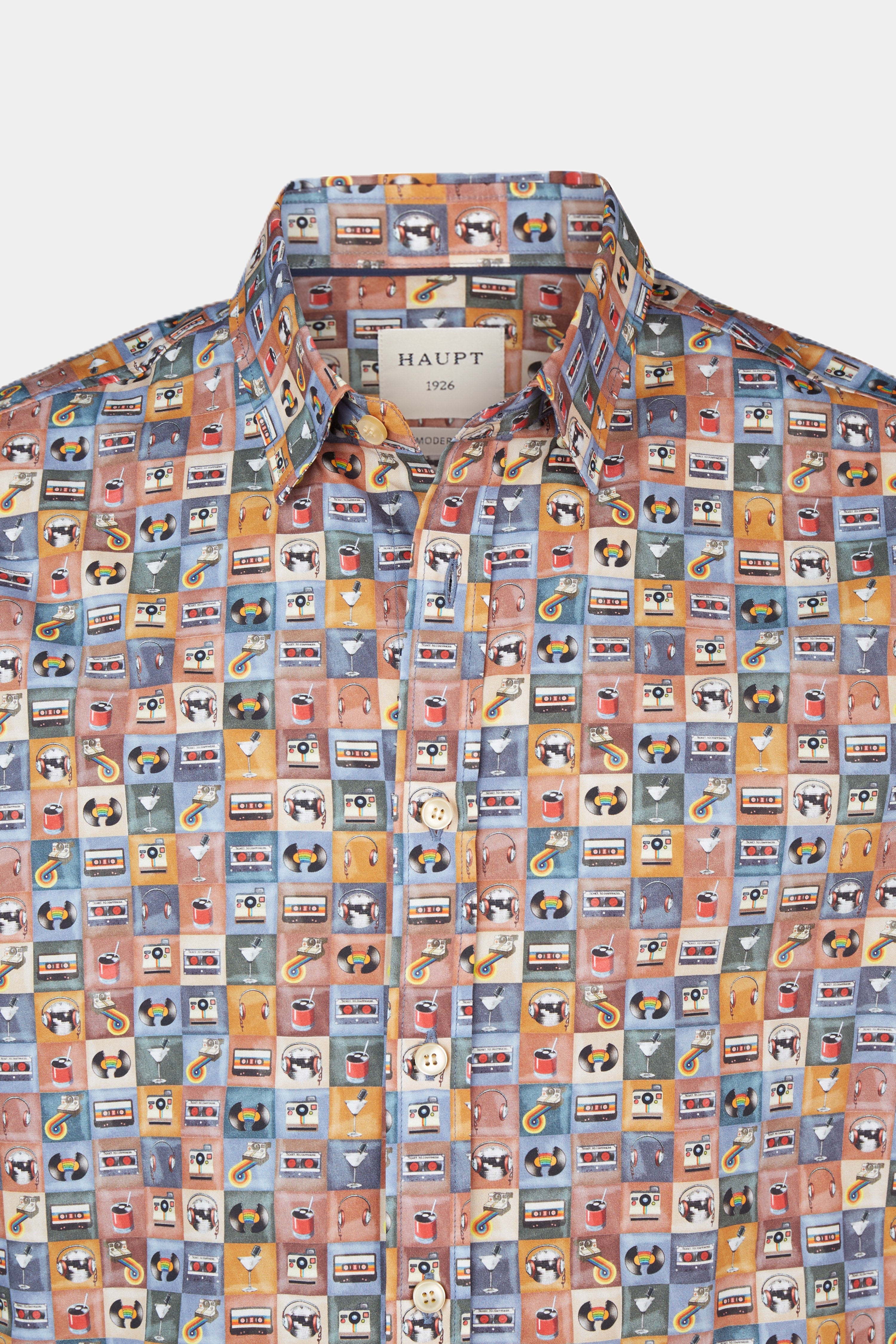 Haupt Poplin Modern Fit Long Sleeve Men's Shirt with Allover Cassette Pattern in Multicolor