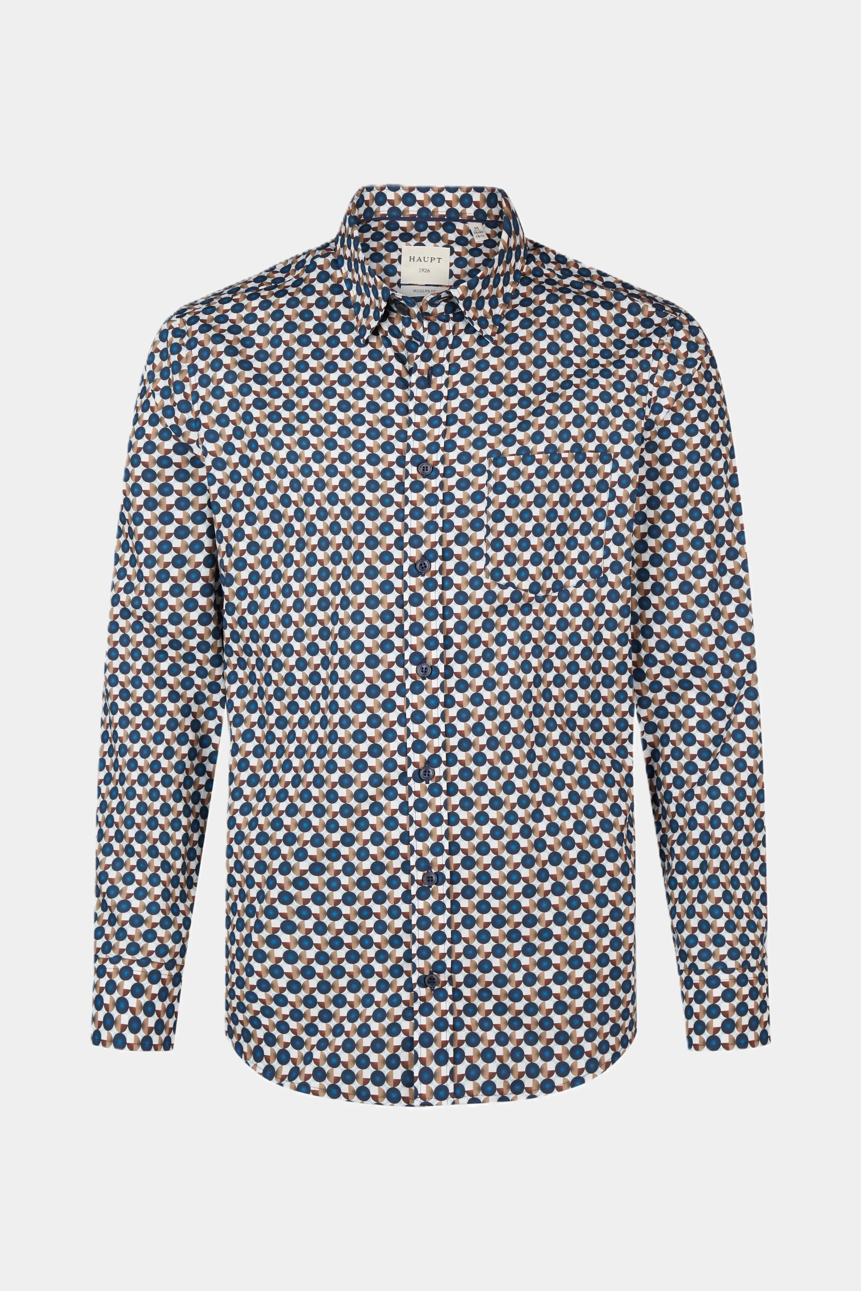Haupt Popelin Modern Fit Langarm Herrenhemd im Allover Punktmuster in BROWN Haupt