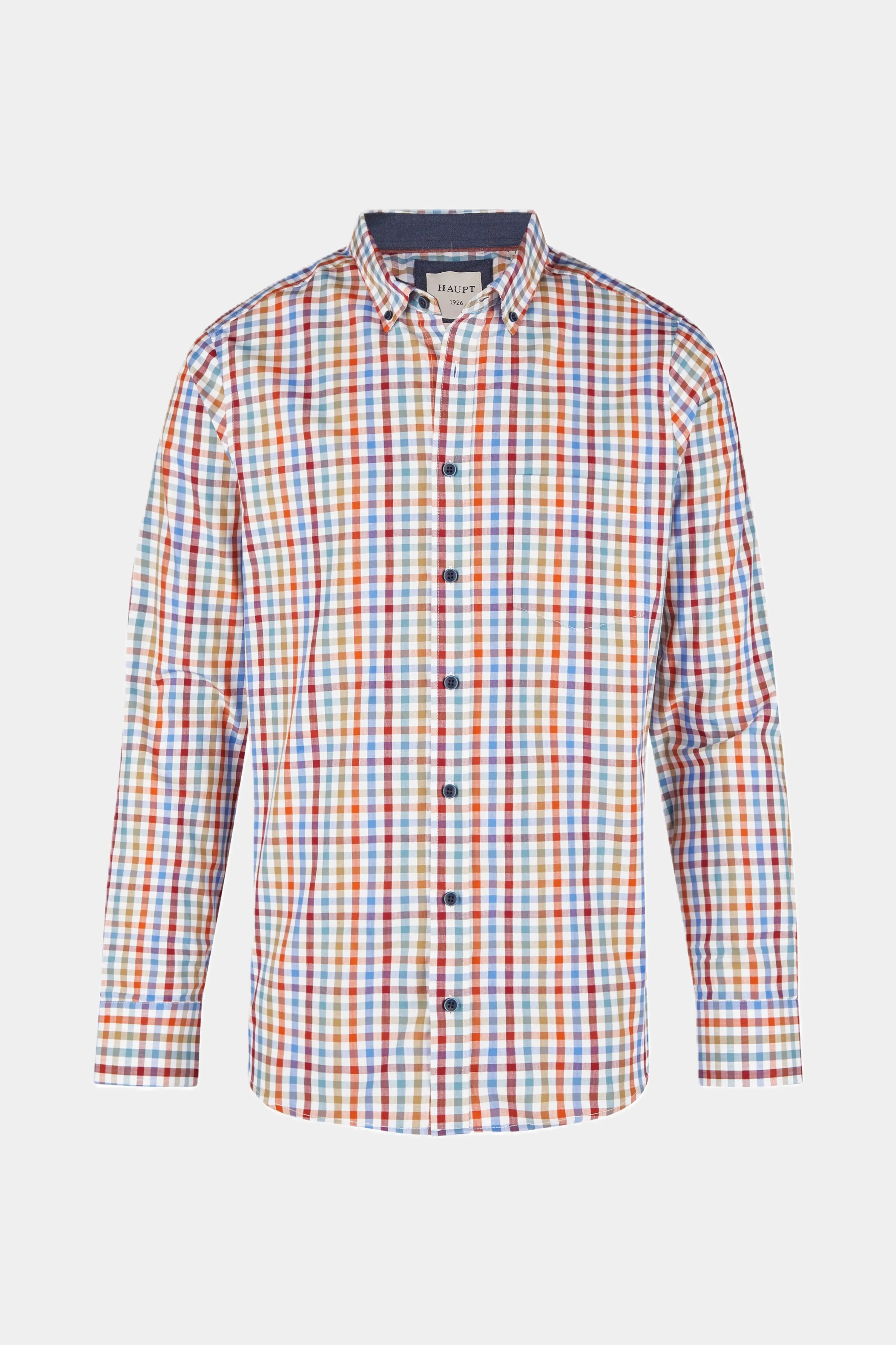 Langärmeliges Herrenhemd in modern fit von Haupt mit einem Multicolour-Vichy-Karomuster in Rot, Orange, Blau und Grün auf hellem Grund. Das Hemd hat einen Button-Down-Kragen und dunkelblaue Knöpfe.