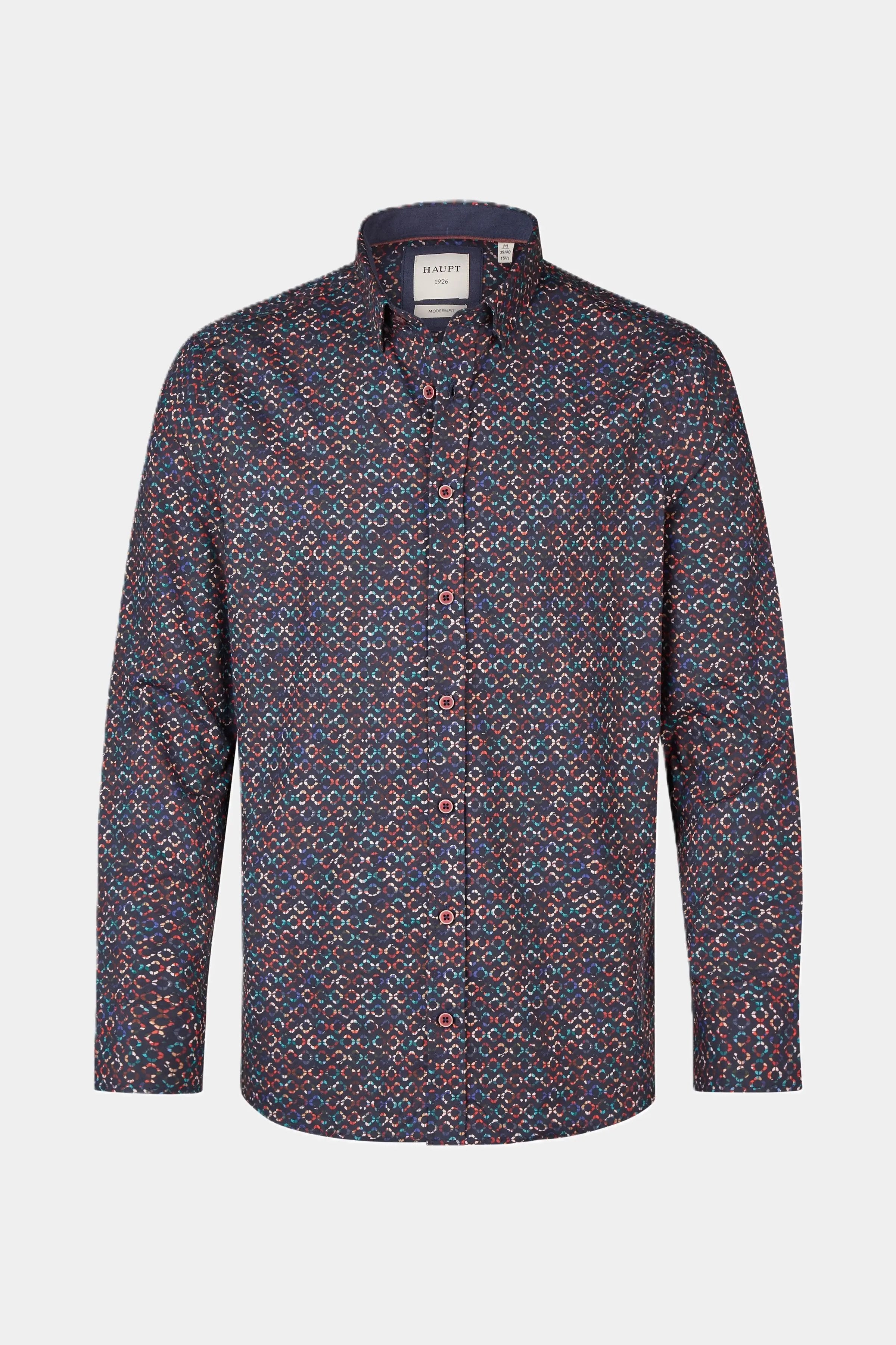 Modern Fit Baumwoll-Herrenhemd orientalisches Muster NAVY - Langärmeliges Herrenhemd von Haupt mit einem dichten, feinen All-Over-Muster aus ineinandergreifenden Kreisen auf dunkelblau-violettem Hintergrund. Akzente in Rostrot und Petrol sind sichtbar.