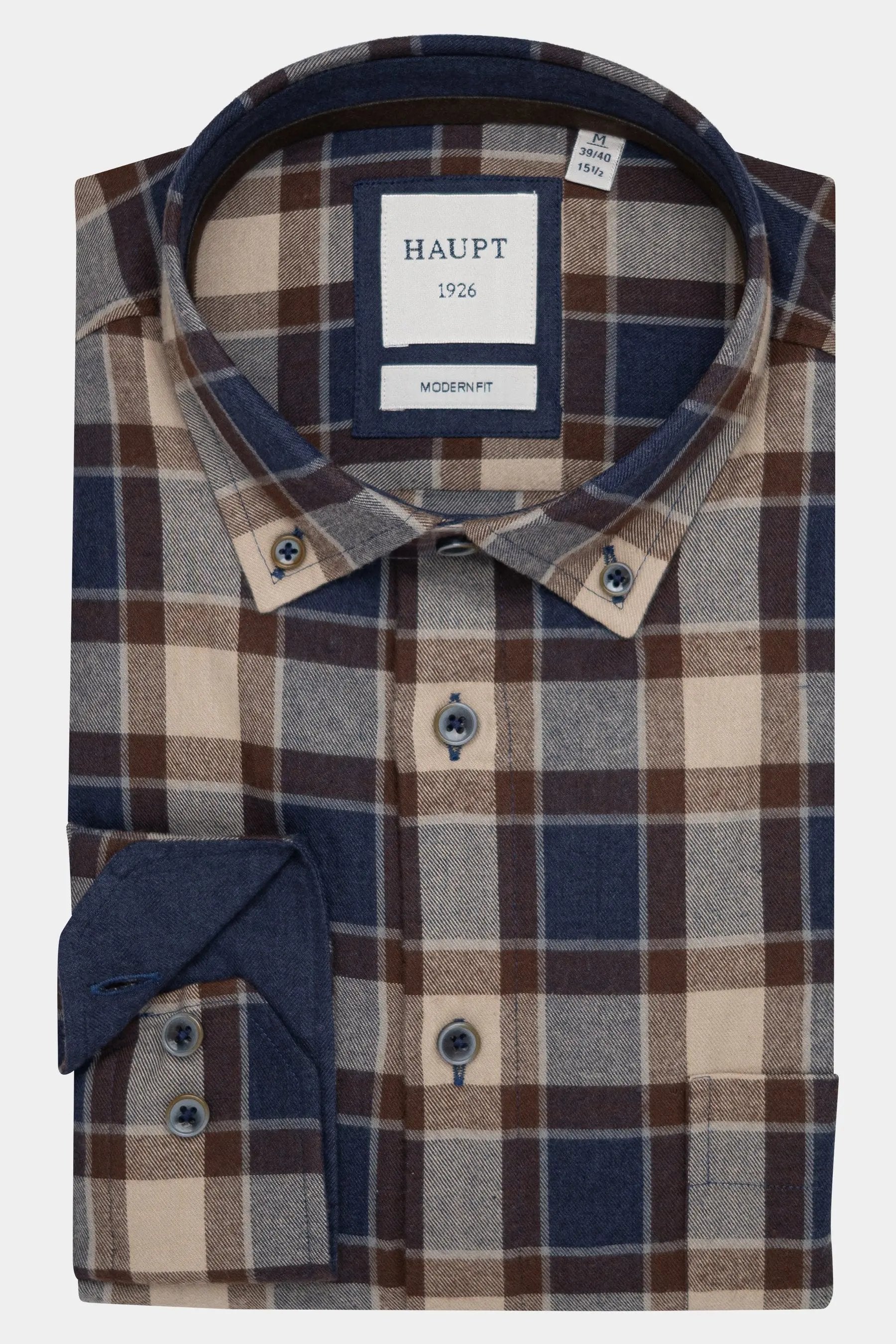 HAUPT Flanell Langarm Herrenhemd Baumwolle Under-button-down in Camel Haupt