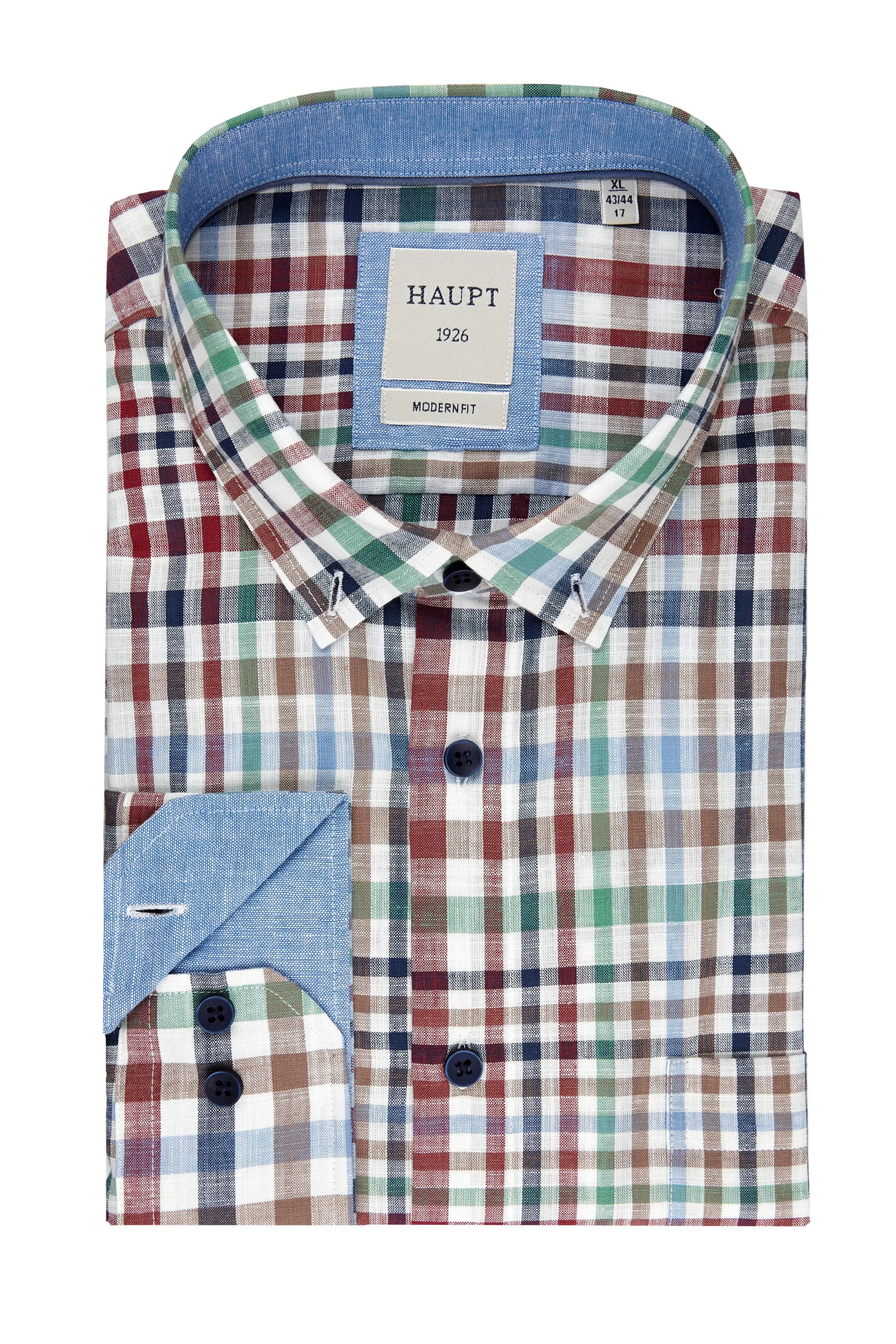 Baumwoll-Herrenhemd off white check Haupt Modern Fit. Es zeigt ein mehrfarbiges Karomuster in Rot, Grün, Blau und Braun auf hellem Grund. Der Button-Down-Kragen und die Manschetteninnenseite sind mit einem hellblauen Kontraststoff im Denim-Look abgesetzt.