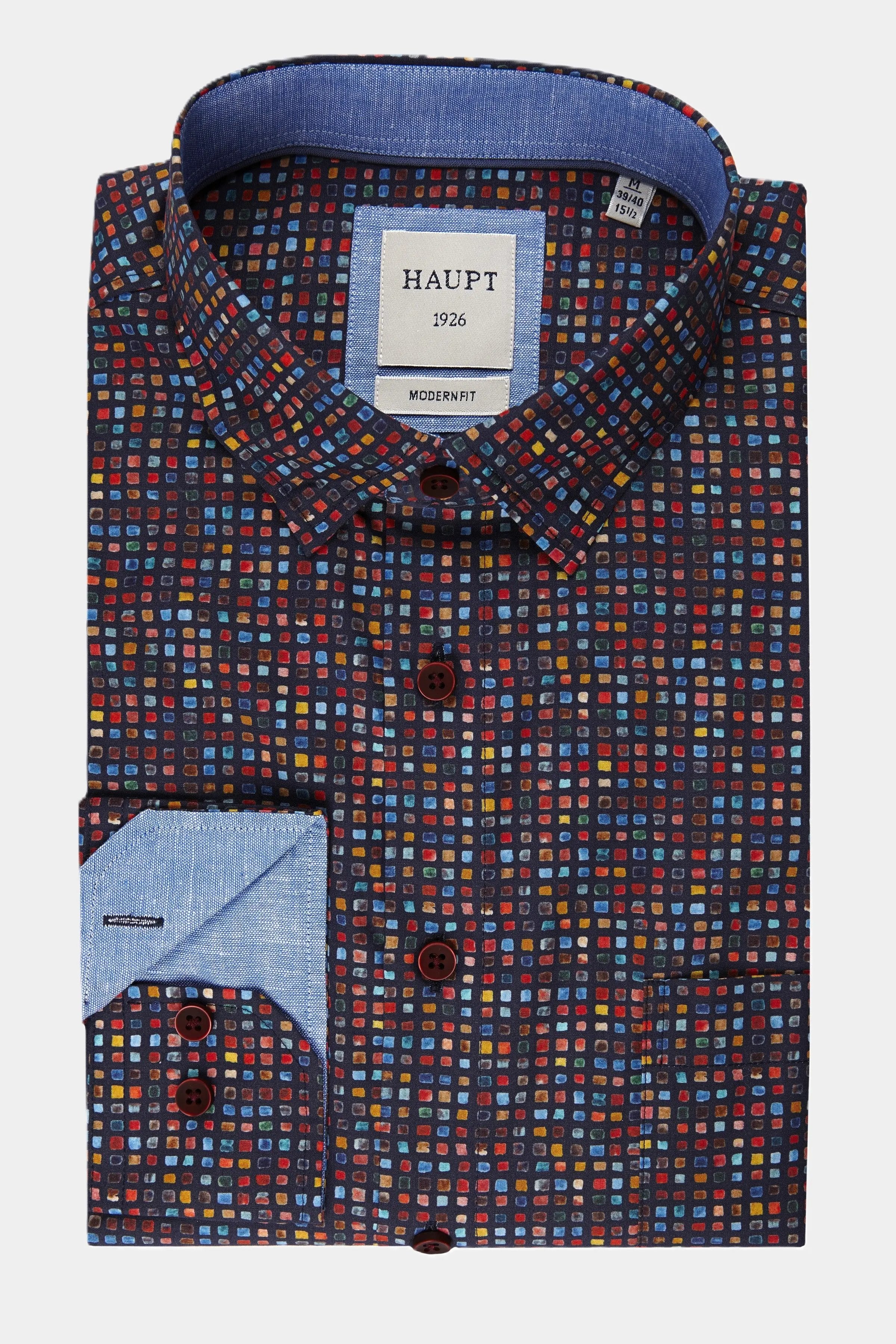 Haupt Popelin Modern Fit Langarm Herrenhemd mit geometrischem Muster in navy multicolor Haupt