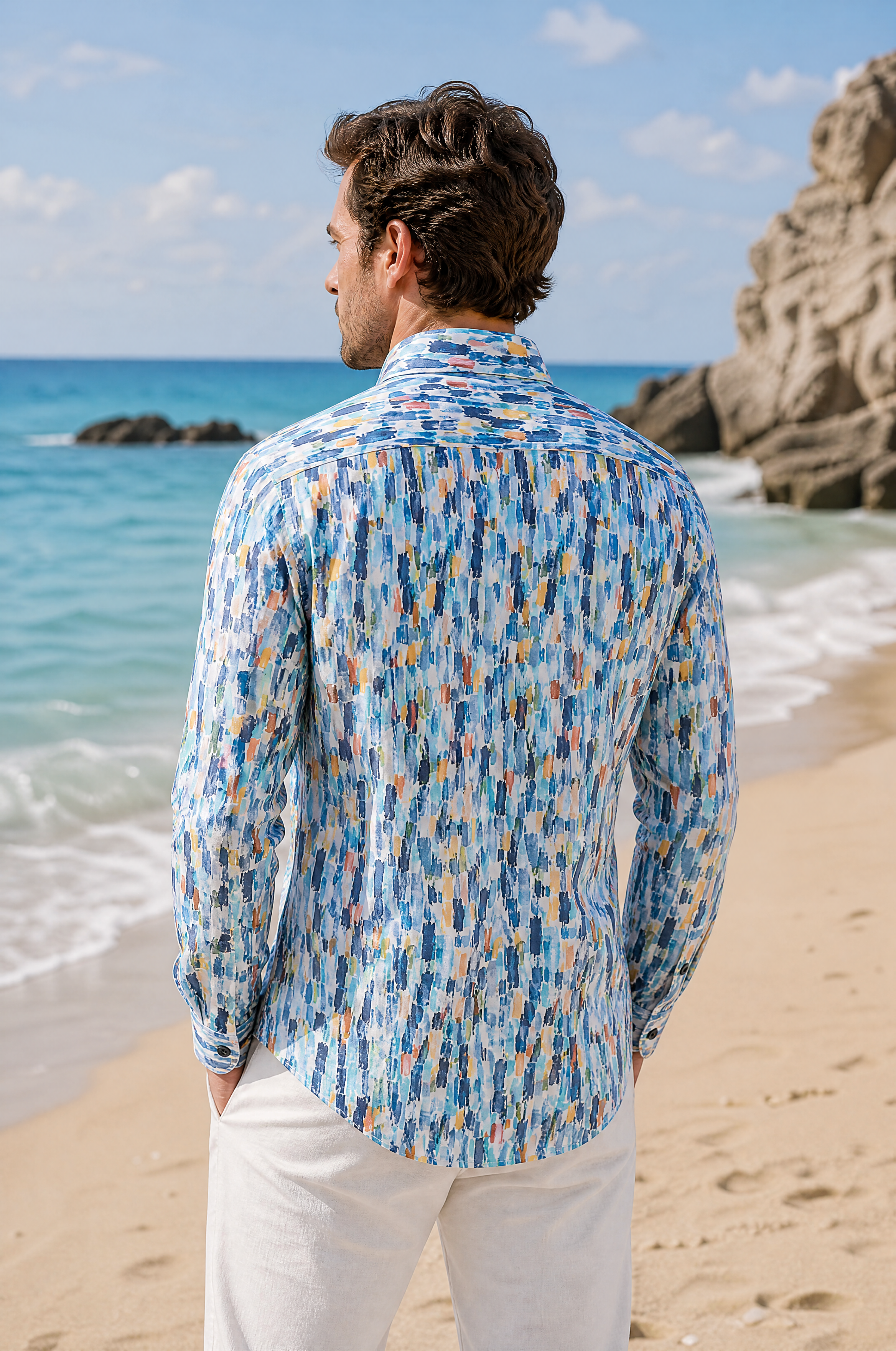 Modern fit kortemouw popeline herenhemd met all-over kleurstrepen, blauw