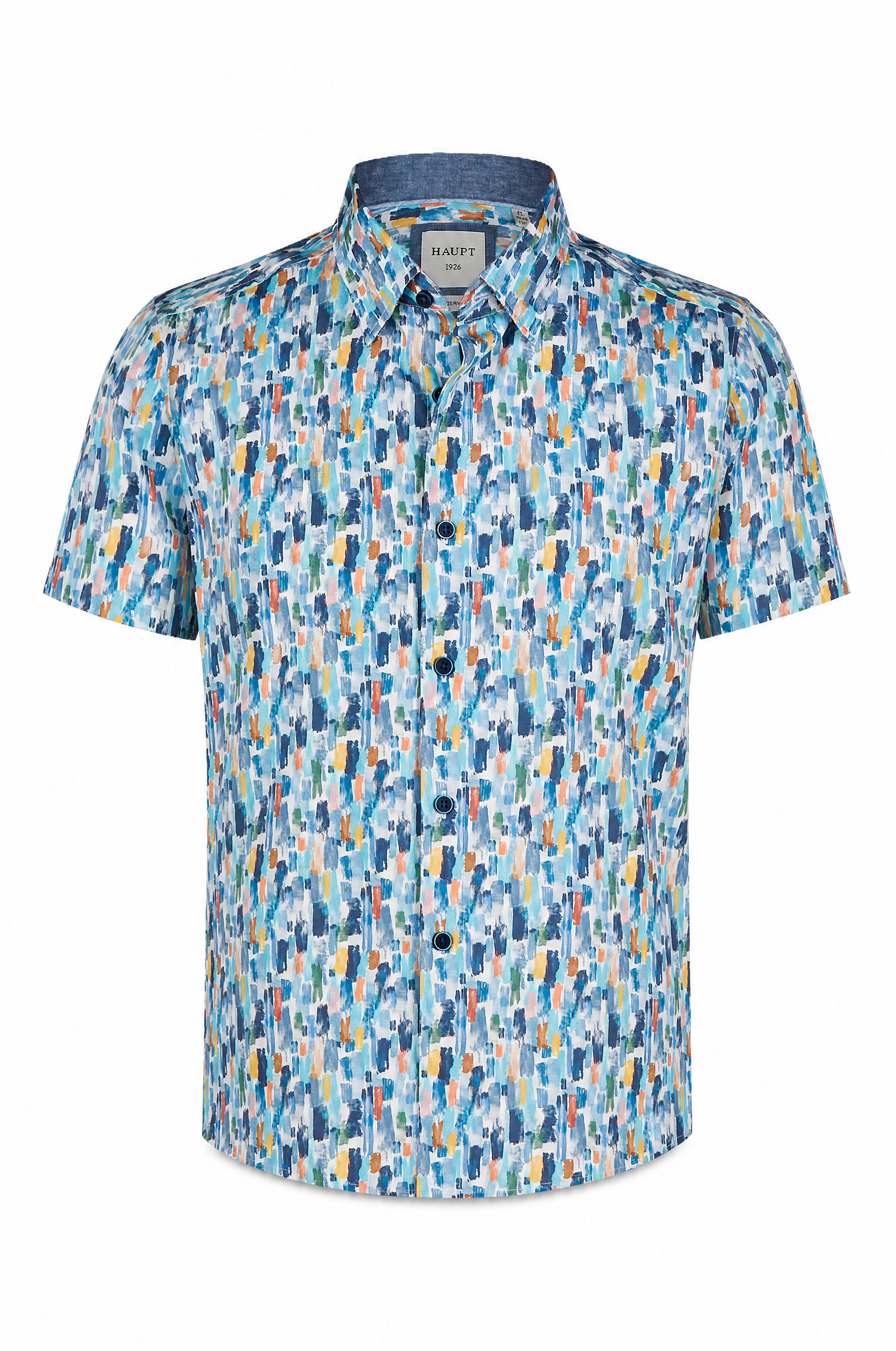 Modern fit kortemouw popeline herenhemd met all-over kleurstrepen, blauw