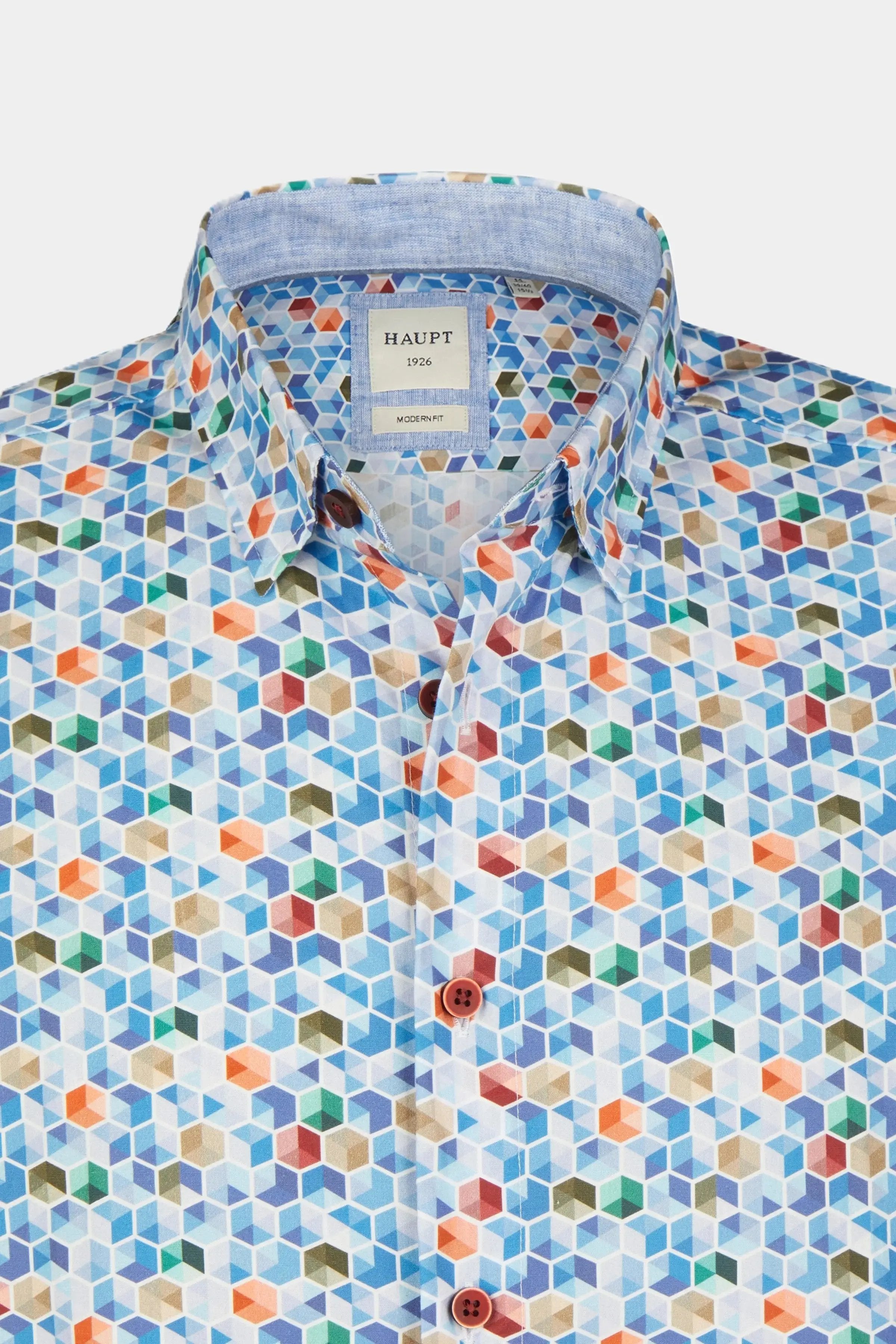 Haupt Kurzarm Baumwoll-Herrenhemd Modern Fit mit Quadraten true blue print Haupt