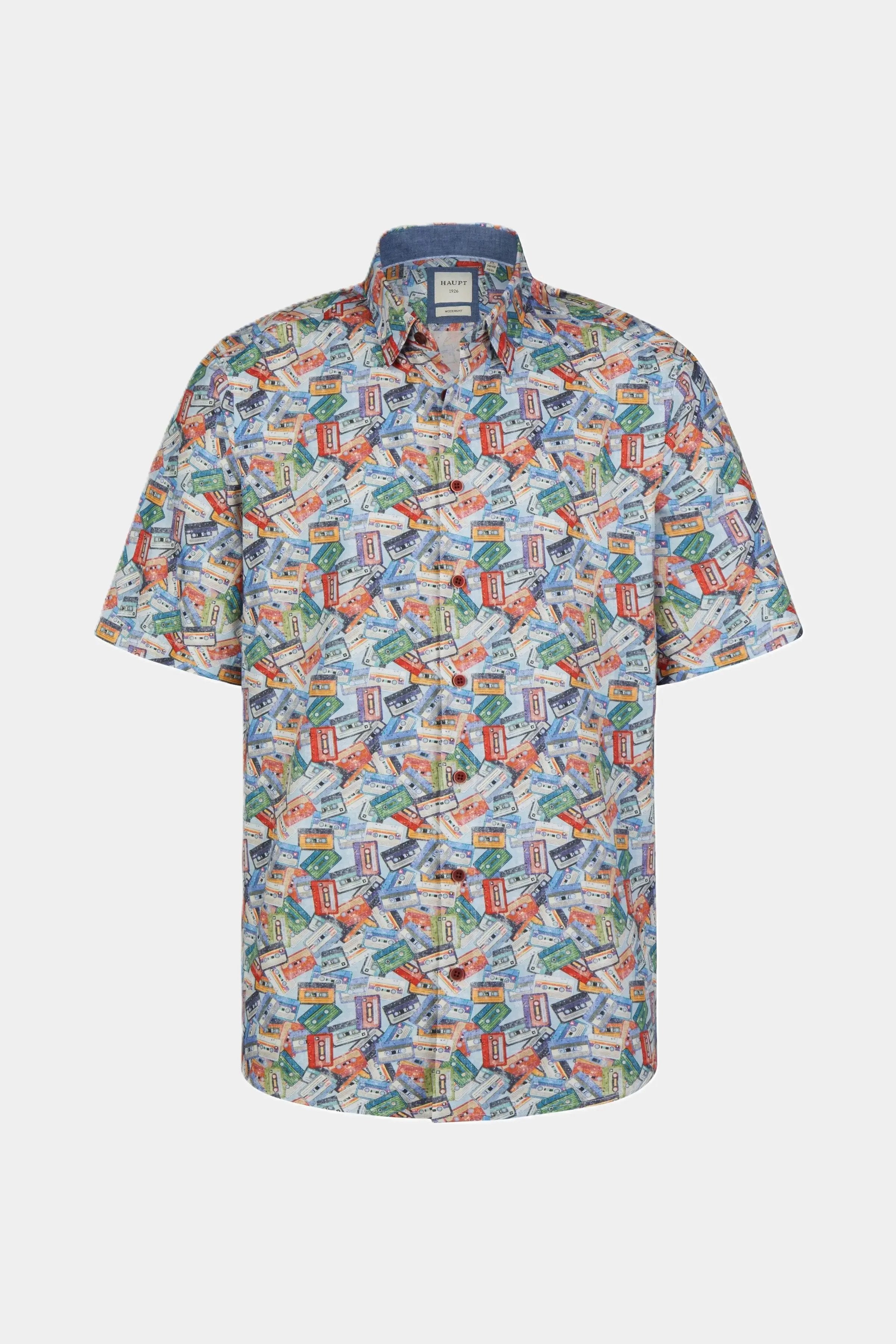 Haupt Kurzarm Baumwoll-Herrenhemd Kassetten Allover-Muster light blue print Haupt