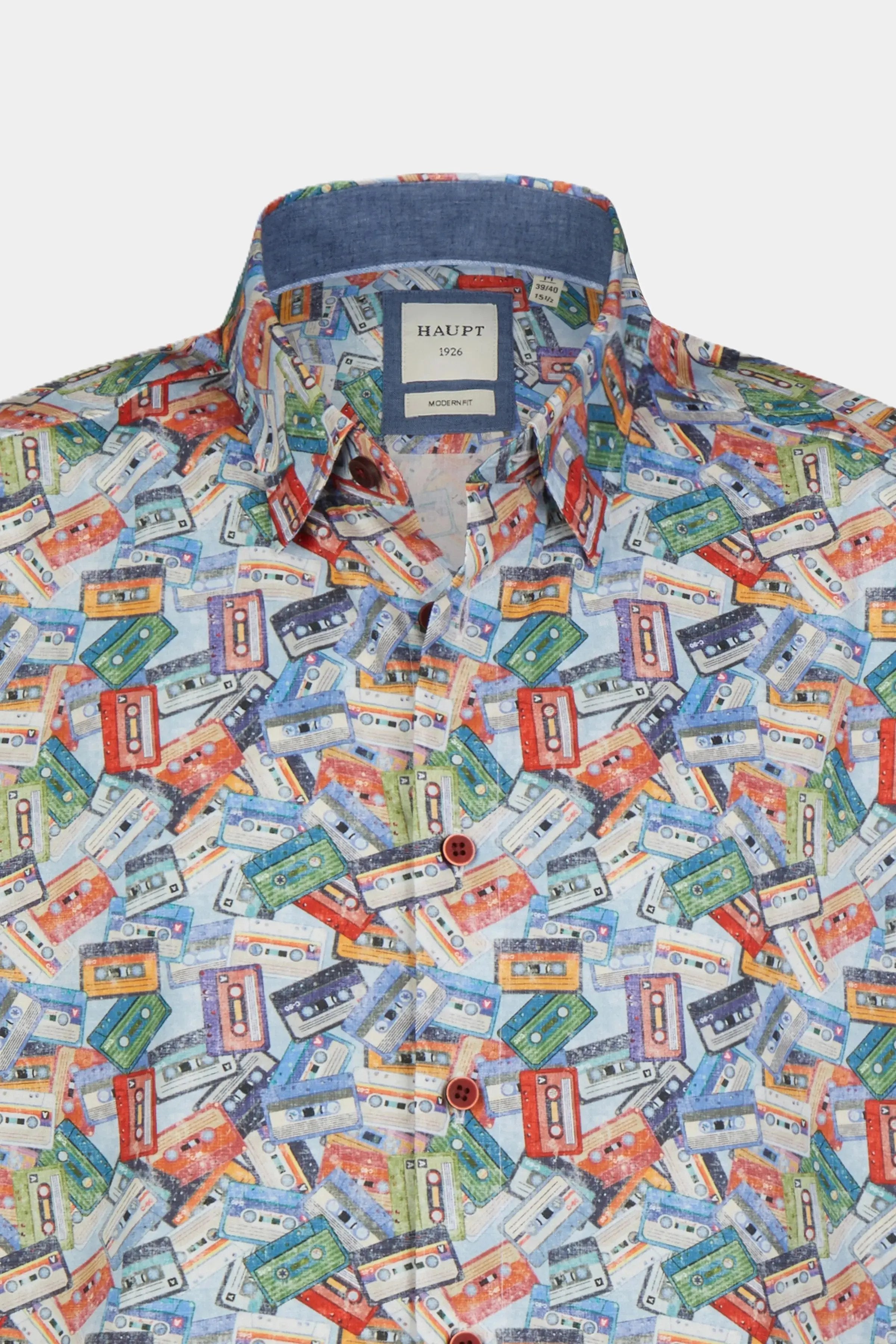 Haupt Kurzarm Baumwoll-Herrenhemd Kassetten Allover-Muster light blue print Haupt