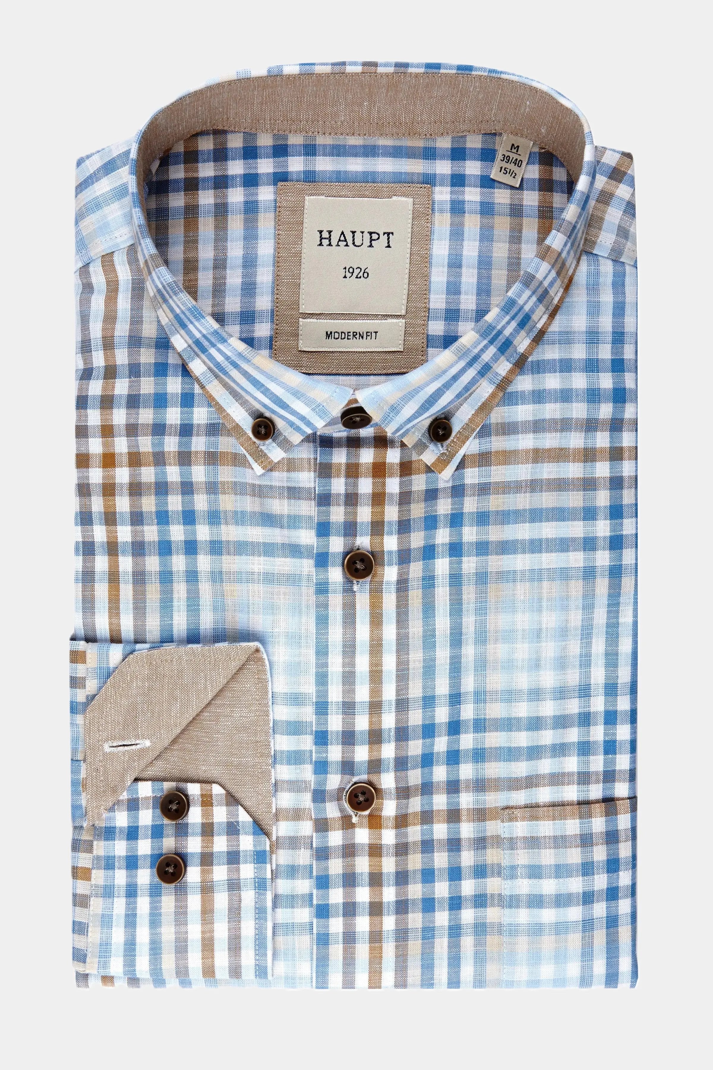 Haupt Langarm-Baumwoll-Herrenhemd Modern Fit in light blue check Haupt