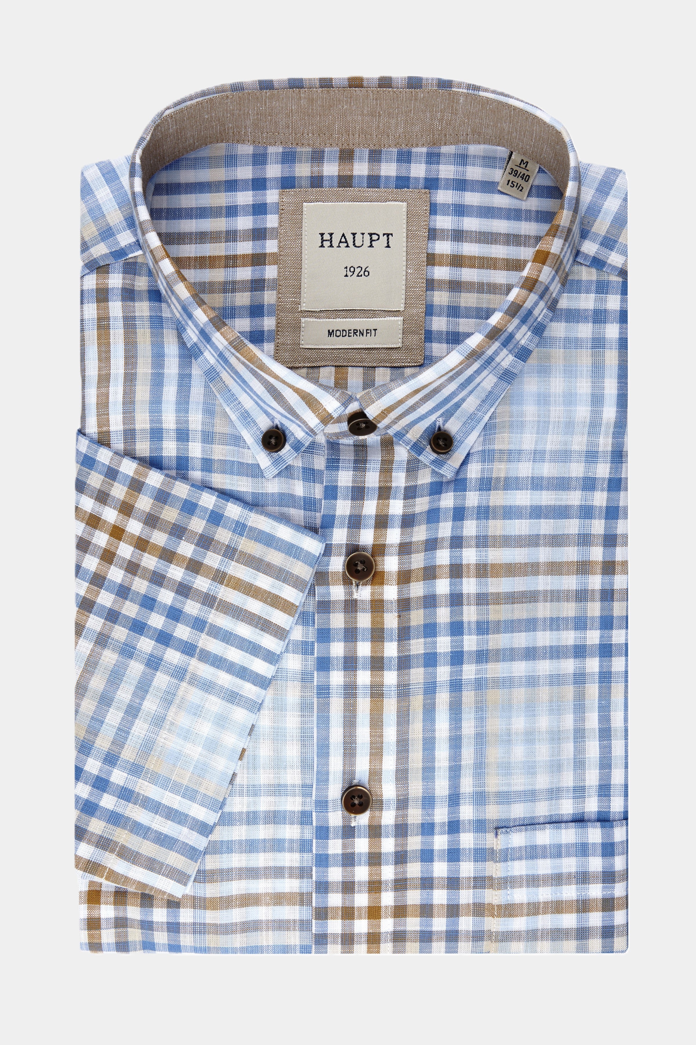 Haupt short-sleeve cotton men's shirt modern fit in light blue check