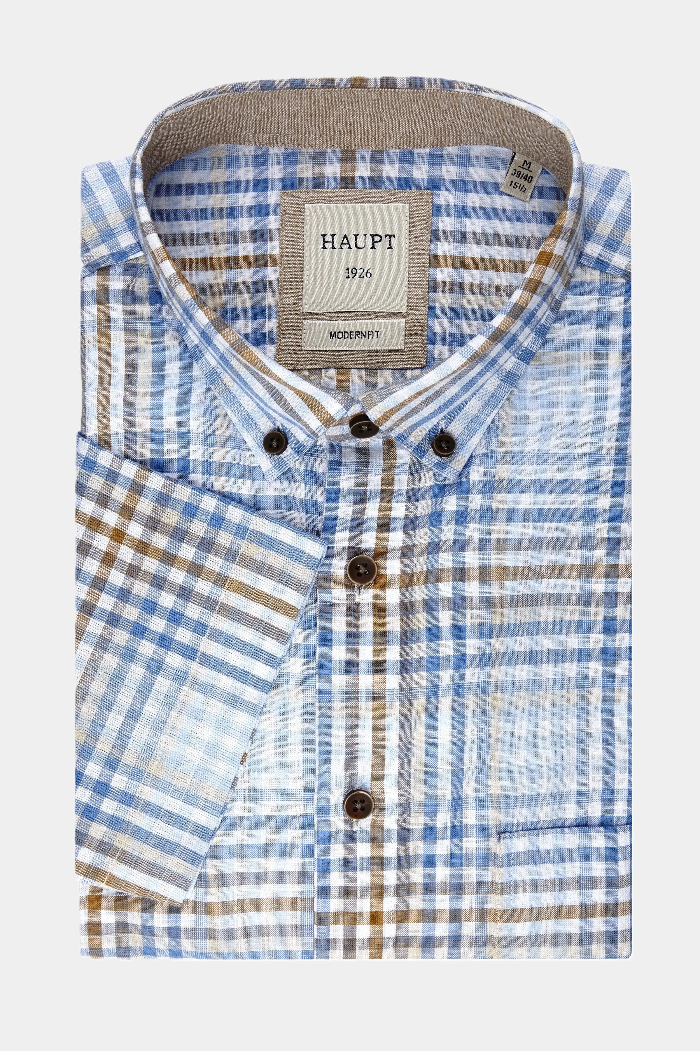 Haupt Kurzarm-Baumwoll-Herrenhemd Modern Fit in light blue check Haupt