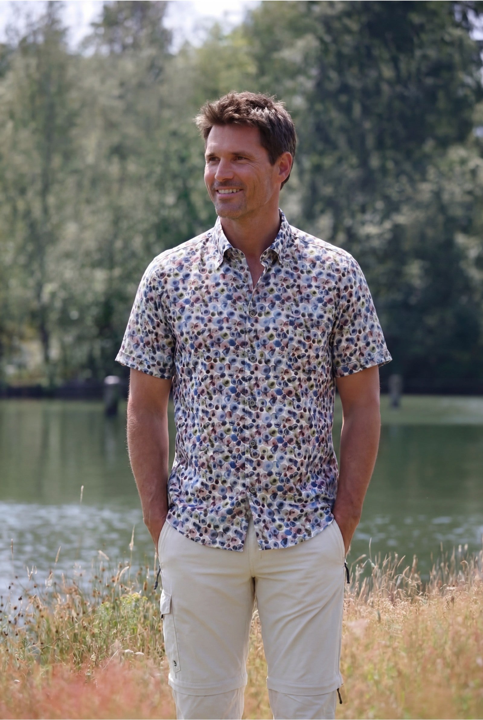 Haupt Modern Fit Korte Mouw Herenoverhemd Katoen-Linnen met Allover-Print multicolor