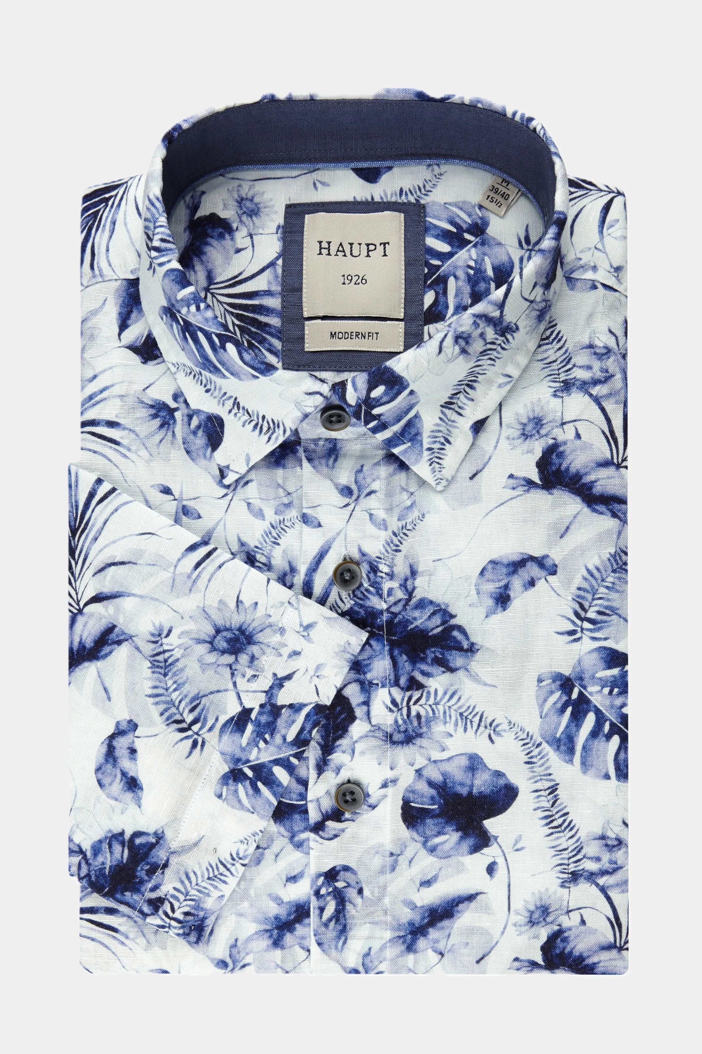 Haupt Baumwoll-Leinen Modern Fit Kurzarm Herrenhemd im floralen Print white print Haupt