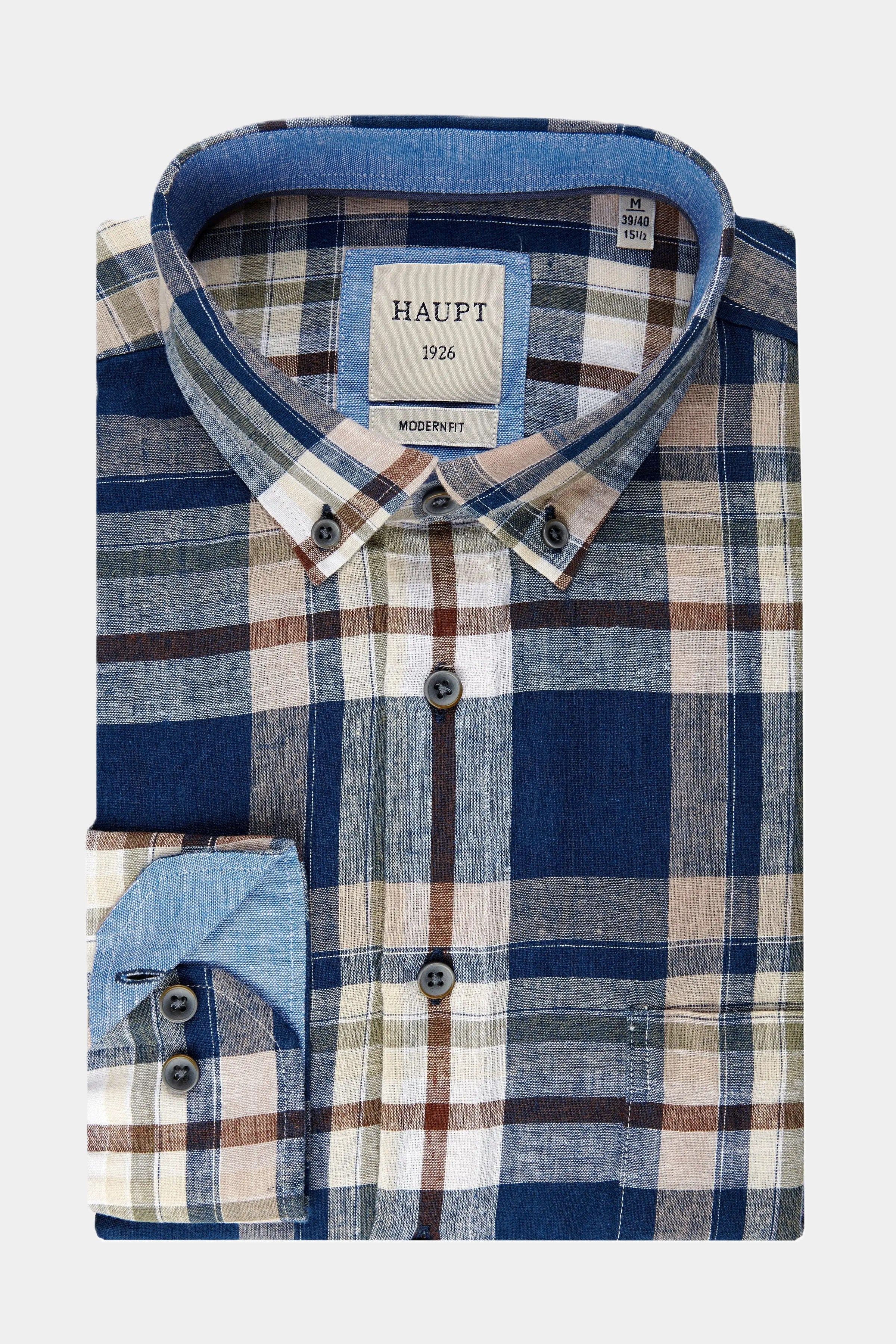 Chemise homme à manches longues Modern Fit principale en coton-lin à carreaux bleu marine
