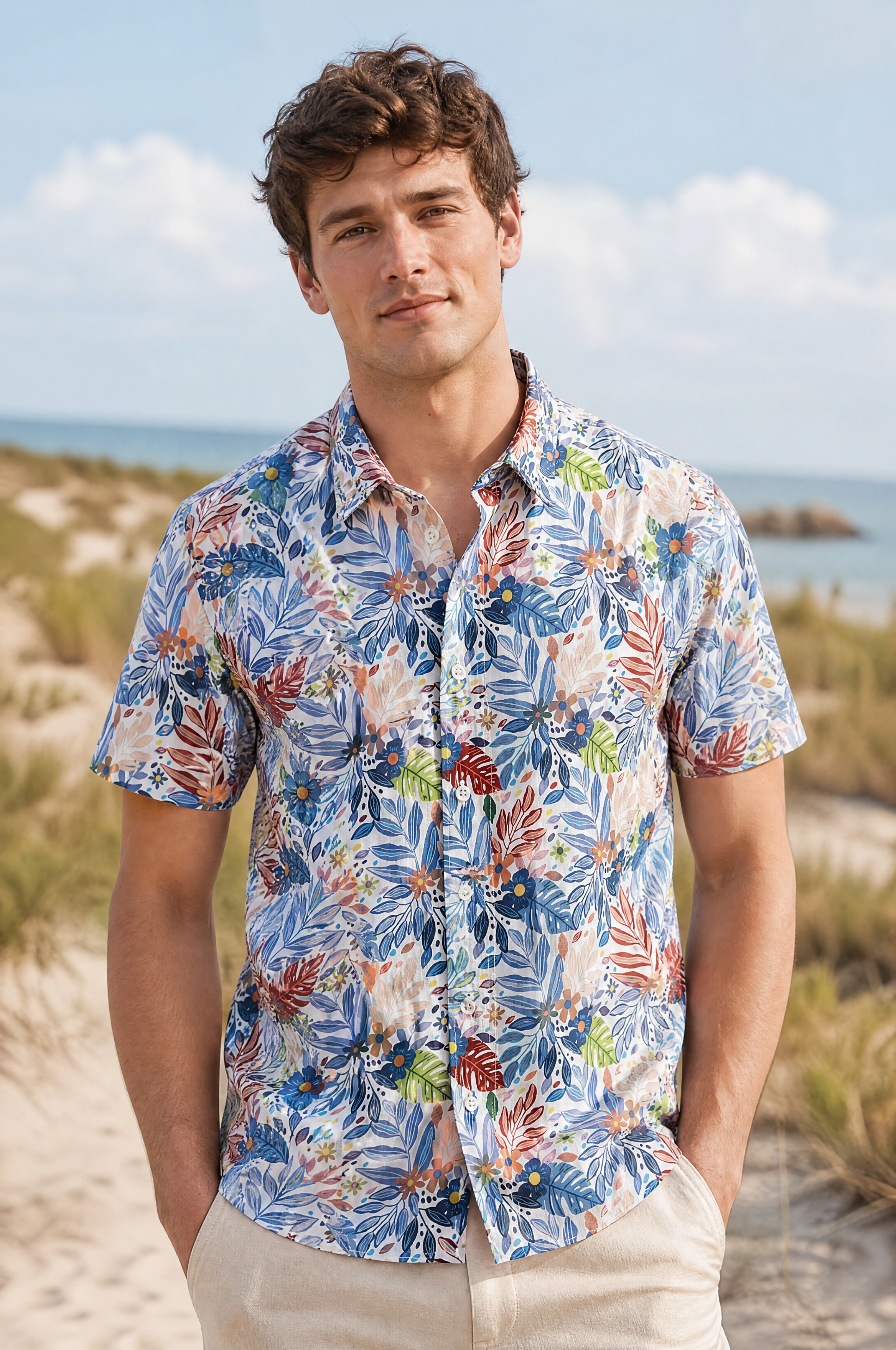 Modern Fit Katoenen Herenhemd Met Korte Mouwen En Bloemenprint Multicolor
