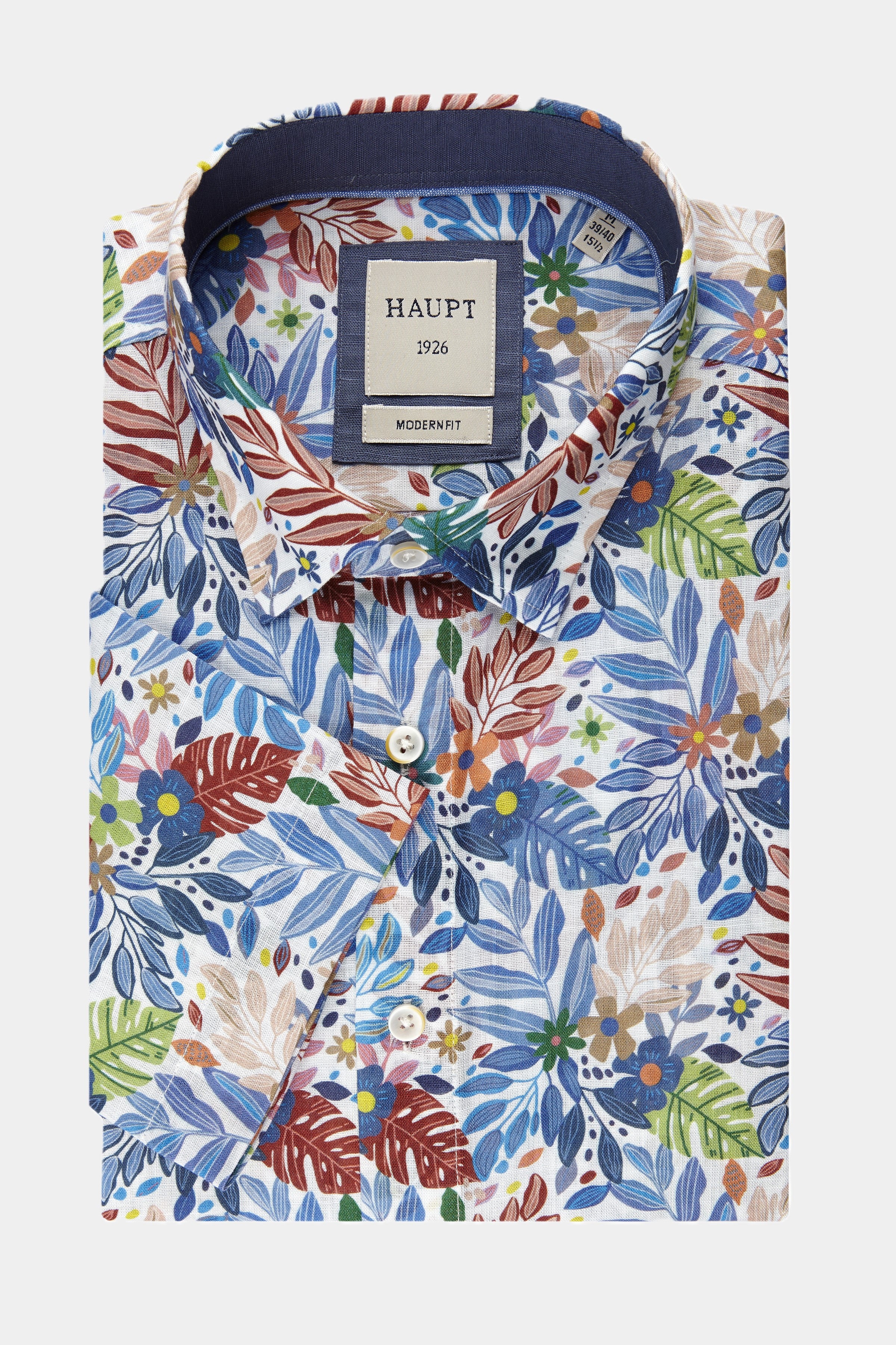 Haupt Modern Fit Kurzarm Baumwoll-Herrenhemd Blumen und Pflanzenmuster multicolor