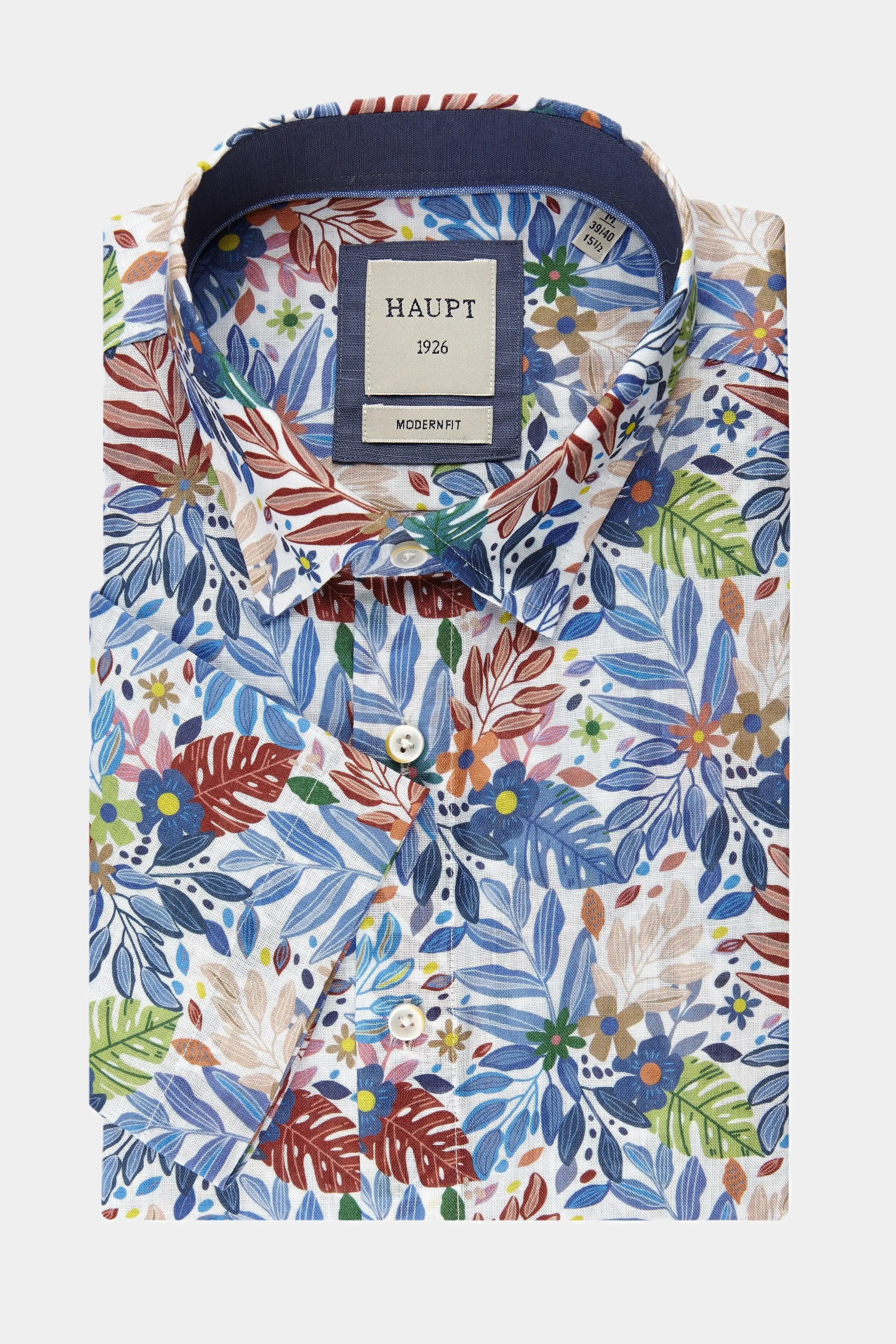 Haupt Modern Fit Kurzarm Baumwoll-Herrenhemd Blumen und Pflanzenmuster multicolor Haupt