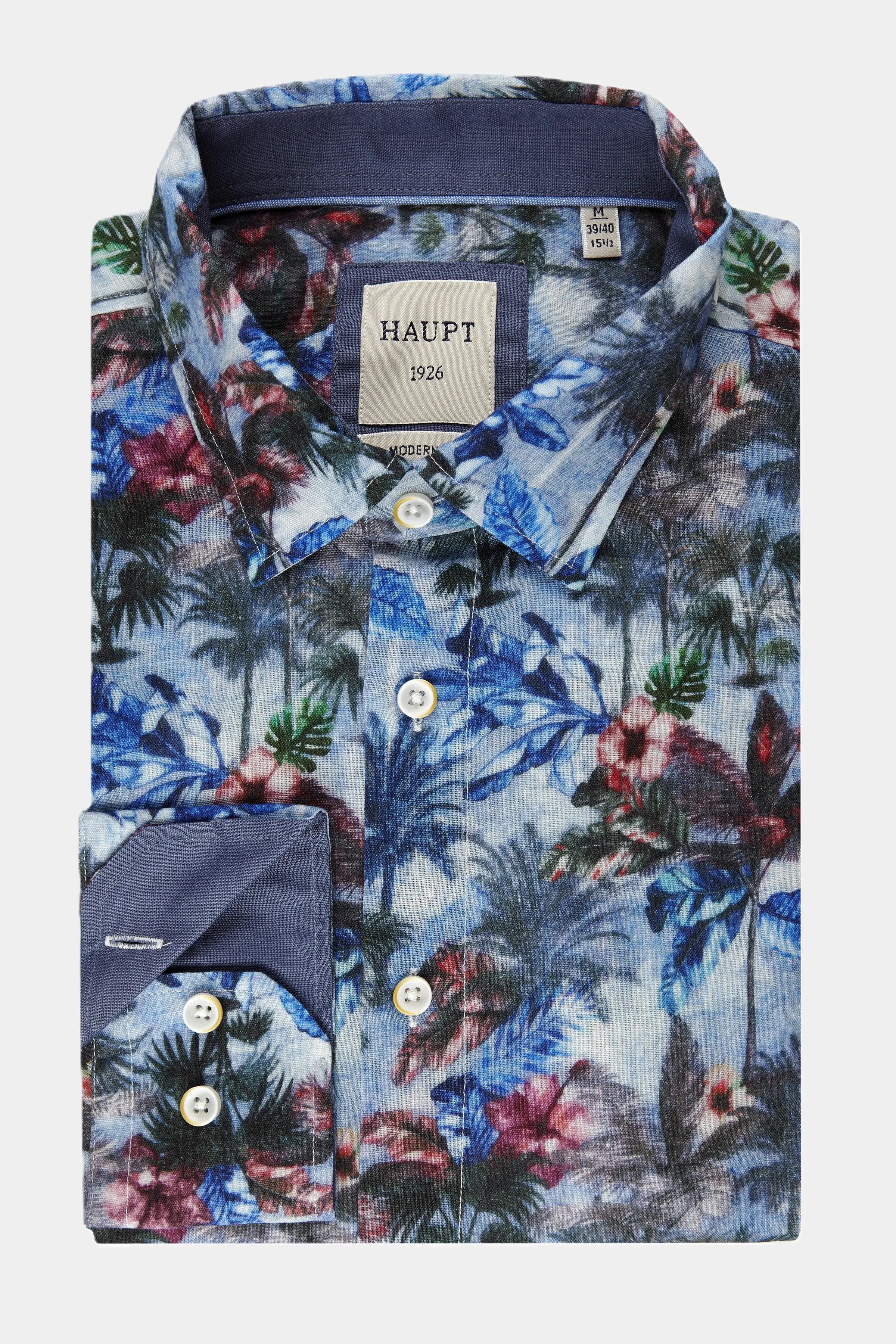 Haupt Modern Fit Langarm Baumwoll-Herrenhemd Palmen und Blumenmuster true red print Haupt