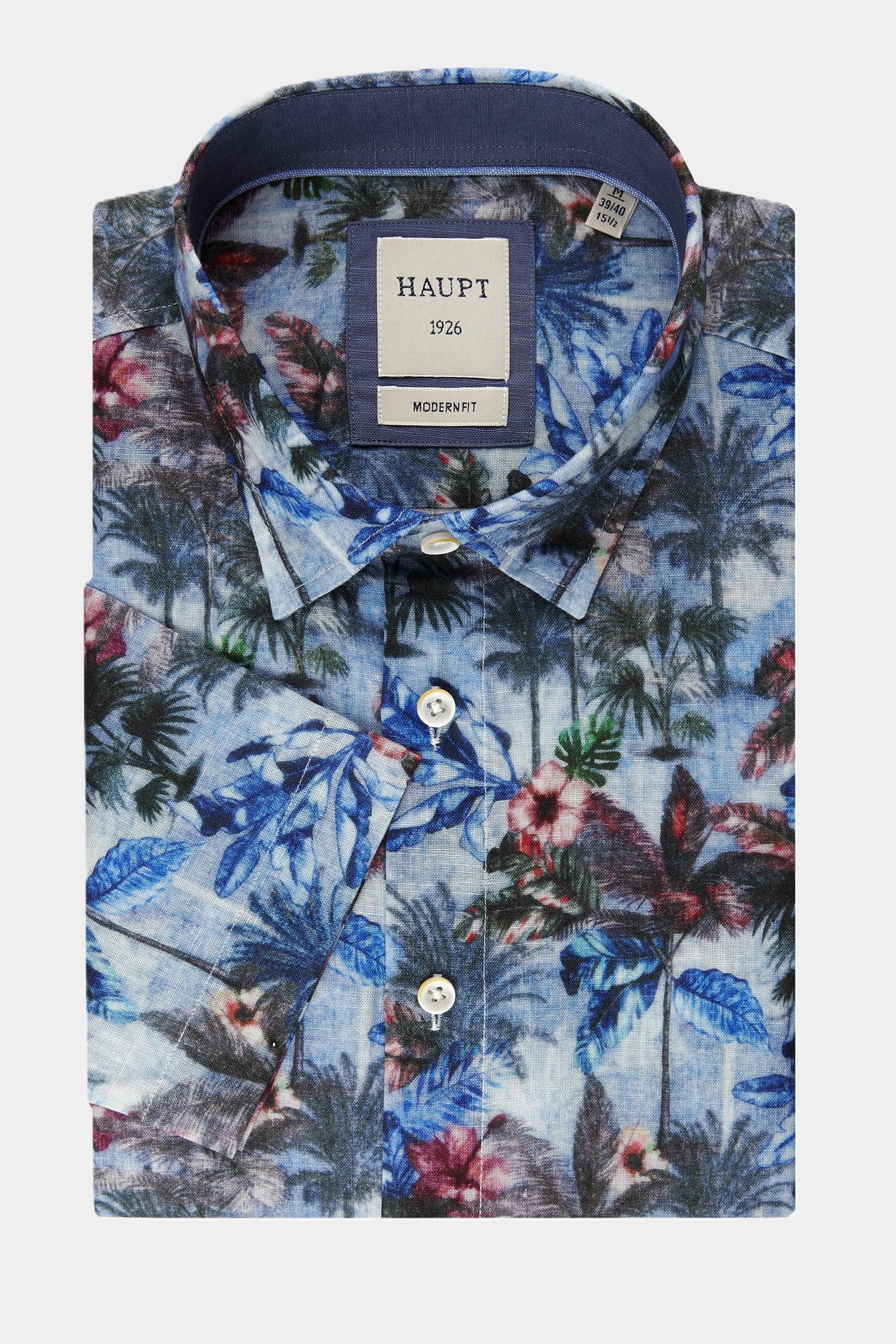 Haupt Modern Fit Kurzarm Baumwoll-Herrenhemd Palmen und Blumenmuster true red print Haupt