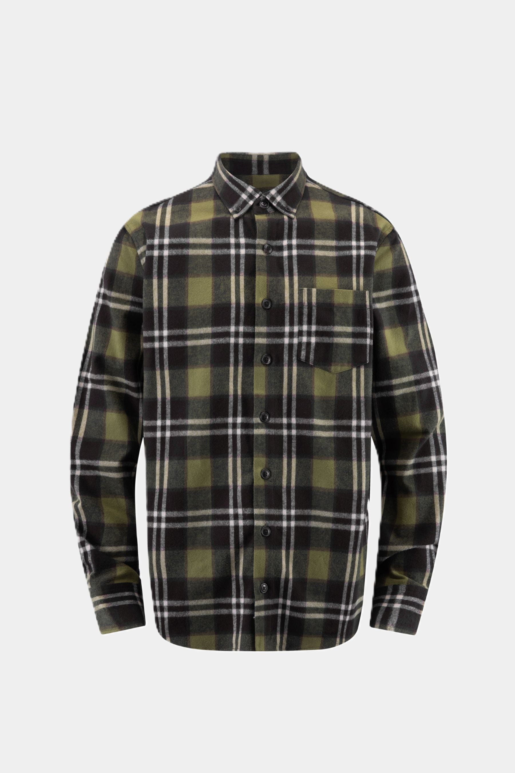 Haupt Modern Fit Langärmliges Herrenhemd aus Flanellstoff mit einem klassischen Karomuster in Olivgrün, Schwarz/Braun und hellem Beige. Das Hemd hat eine Brusttasche.