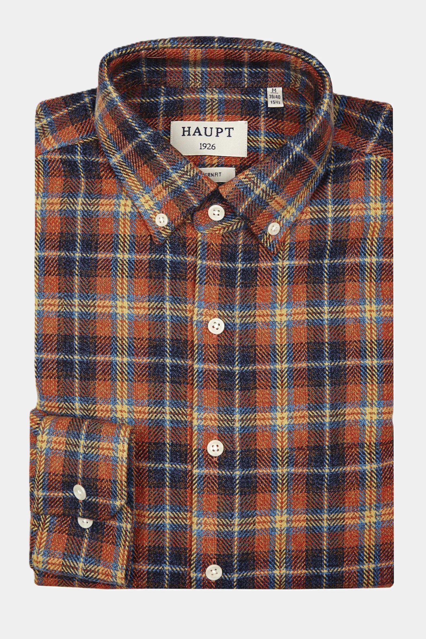 Haupt Flanell Modern Fit Langarm Herrenhemd im Kariertem Ochre Muster Haupt