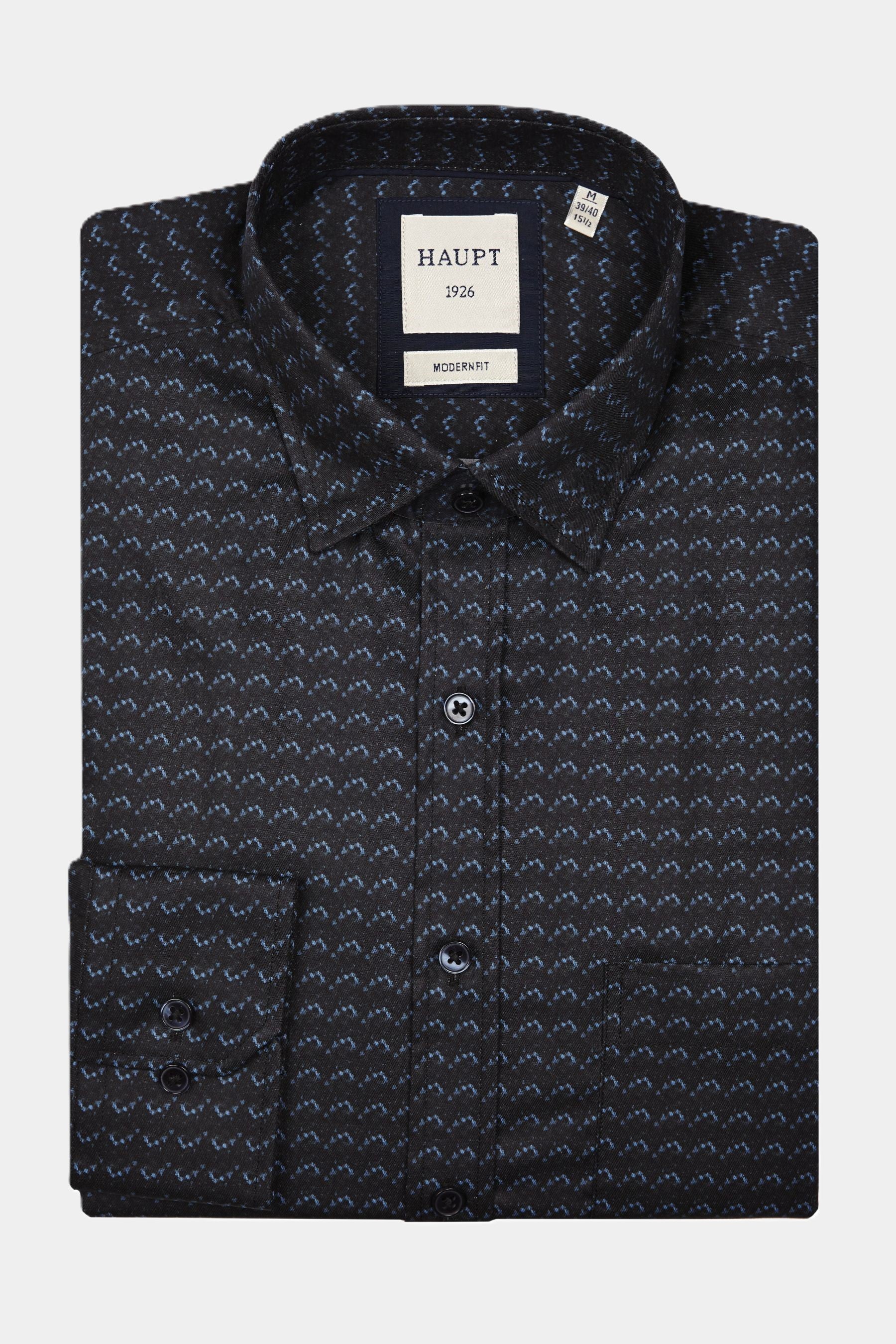 Haupt Modern Fit herenoverhemd met lange mouwen en een allover "batik" patroon in marineblauw