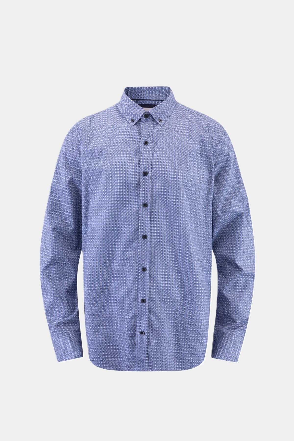 Haupt Modern Fit Langärmeliges, Herrenhemd von Haupt in Hellblau mit einem sehr feinen, weißen, geometrischen Mikromuster. Das Hemd hat einen Button-Down-Kragen und durchgehend dunkle Knöpfe.
